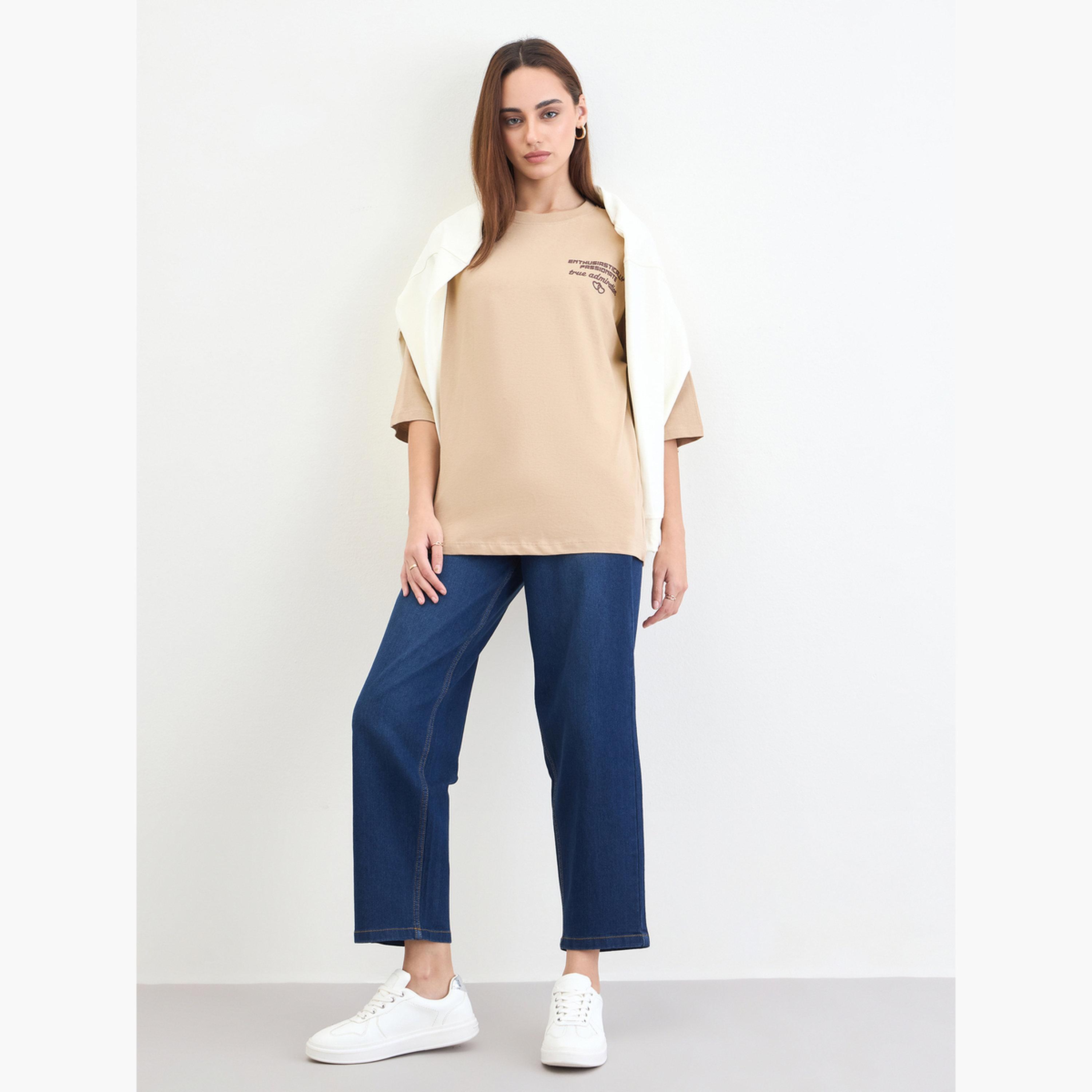 Styli Beige Slogan Print Oversized T-Shirt-women-clothing-tshirts-image-2