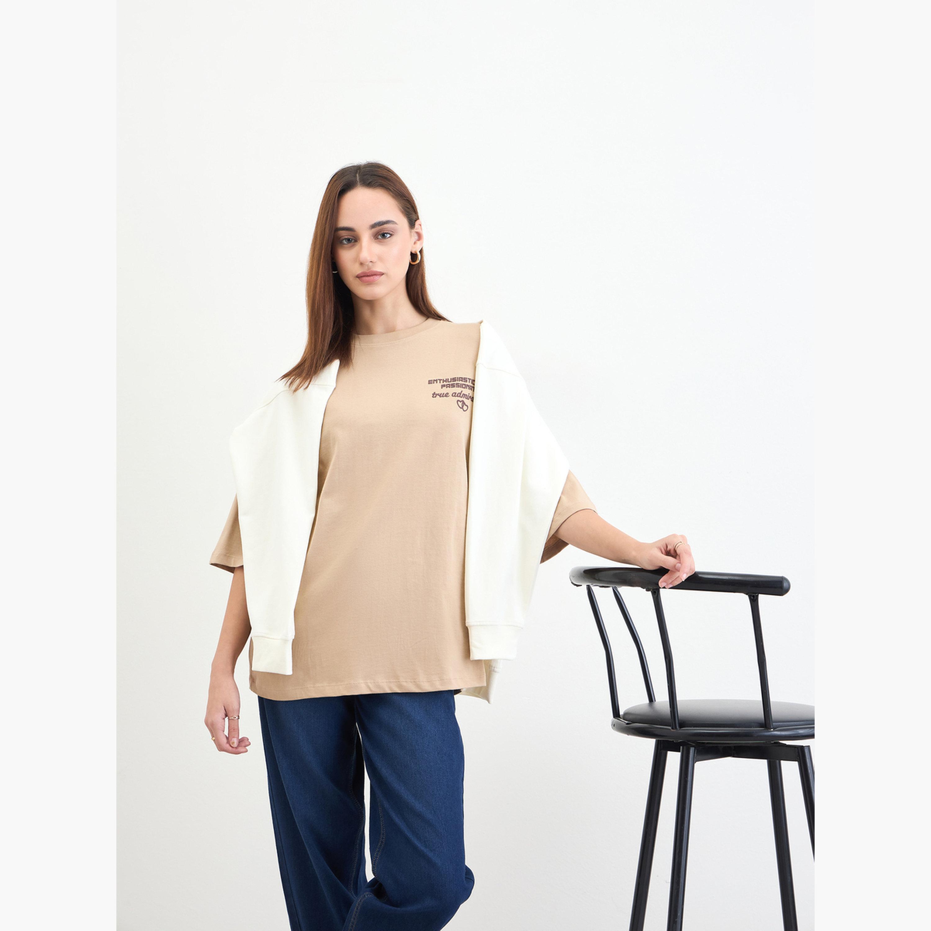 Styli Beige Slogan Print Oversized T-Shirt-women-clothing-tshirts-image-3