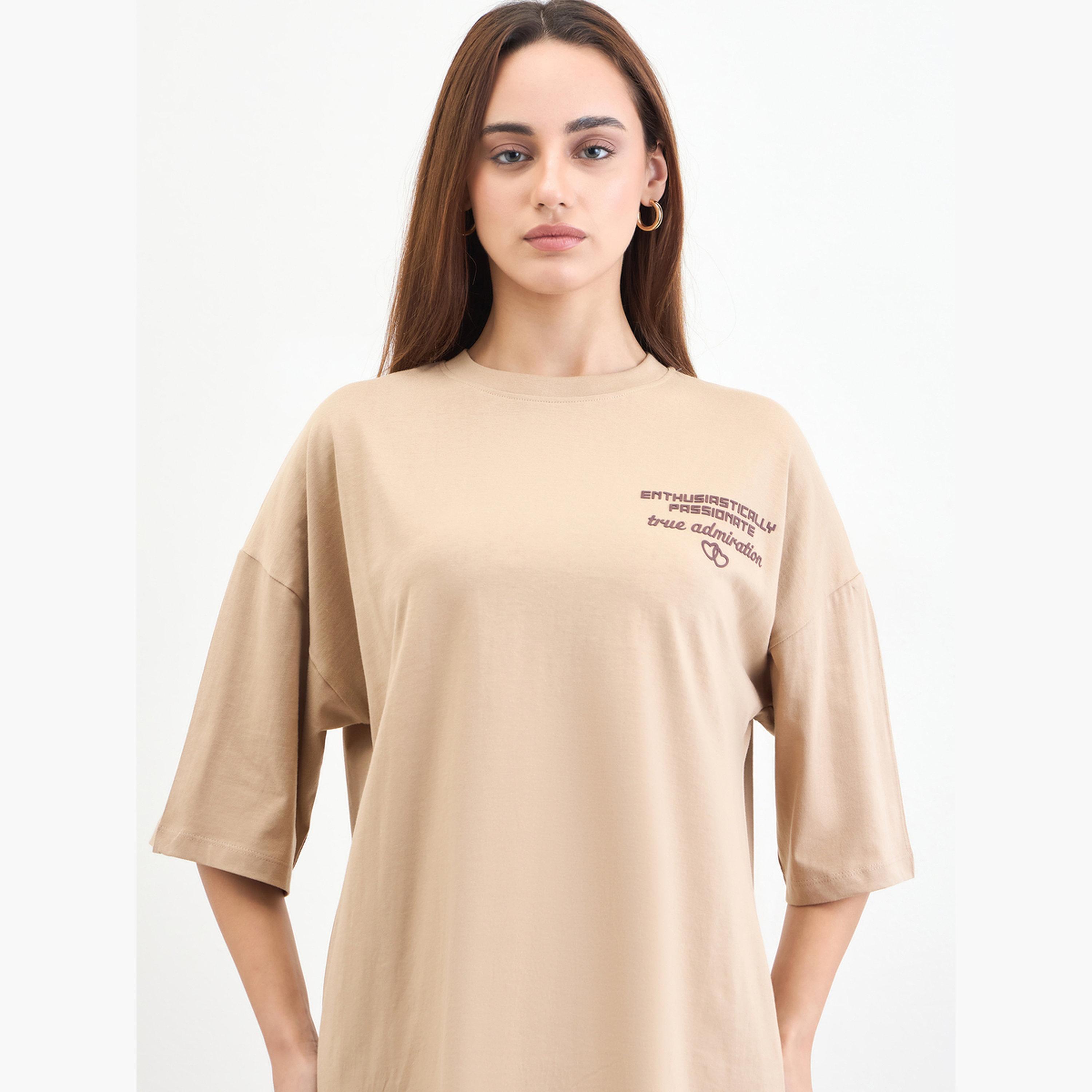Styli Beige Slogan Print Oversized T-Shirt-women-clothing-tshirts-image-4
