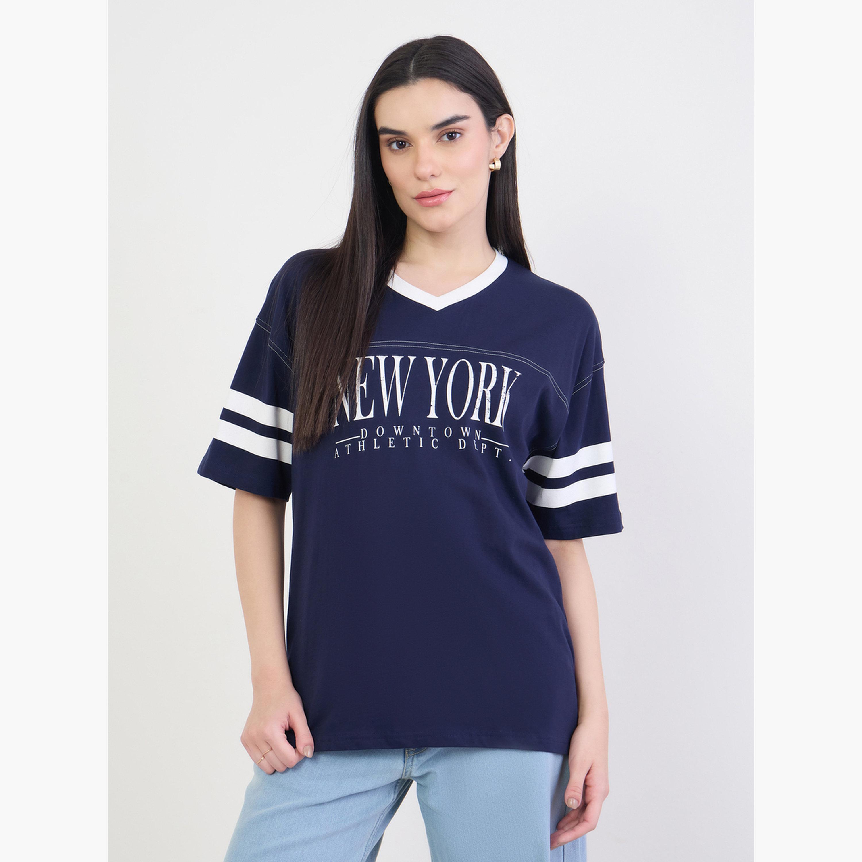 Styli Navy Blue New York Graphic Oversized T-Shirt-women-clothing-tshirts-image-1