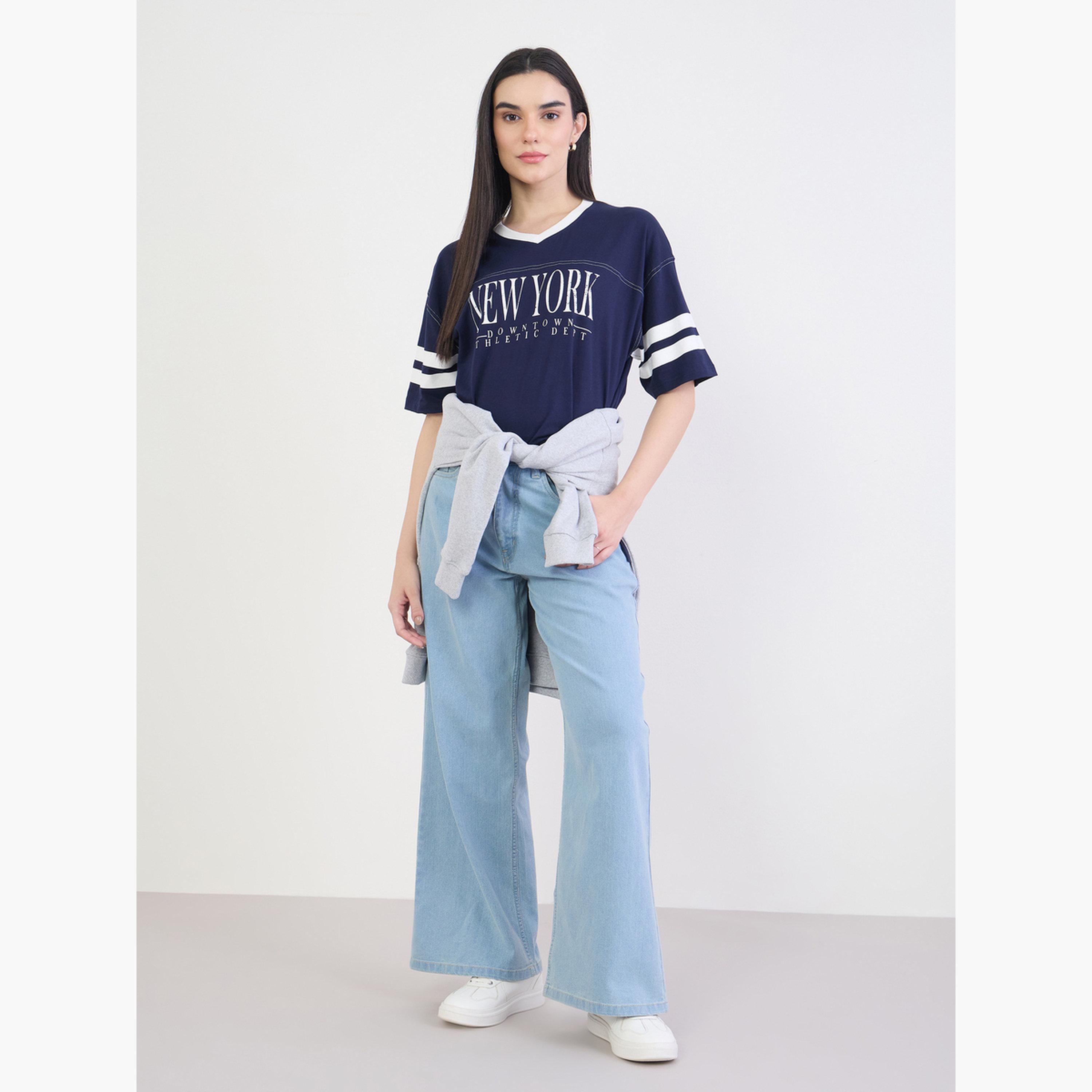Styli Navy Blue New York Graphic Oversized T-Shirt-women-clothing-tshirts-image-2
