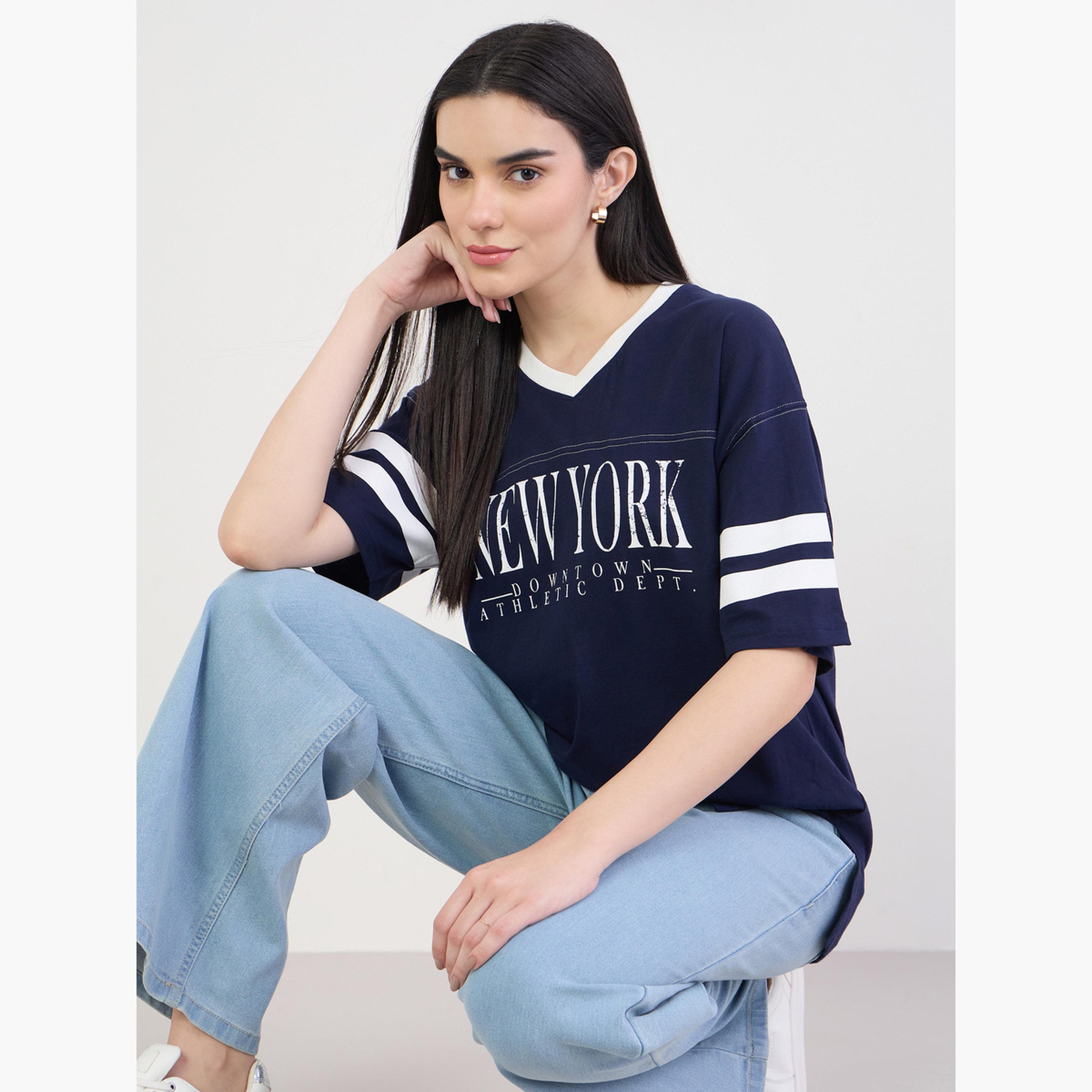 Styli Navy Blue New York Graphic Oversized T-Shirt-women-clothing-tshirts-image-3