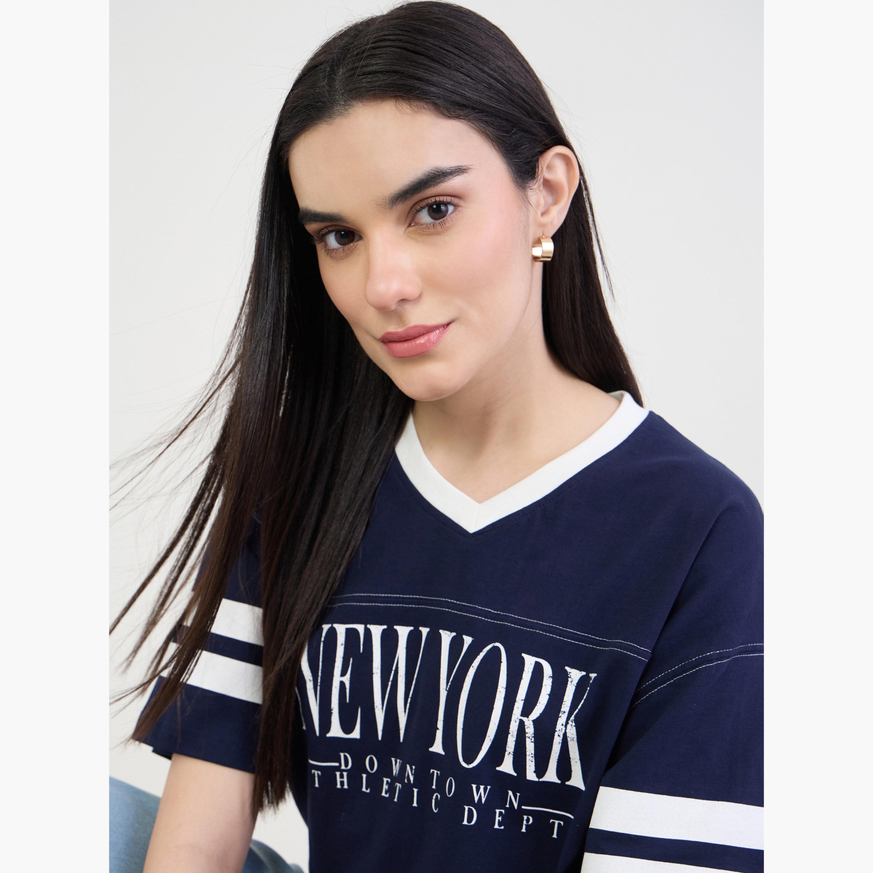 Styli Navy Blue New York Graphic Oversized T-Shirt-women-clothing-tshirts-image-4