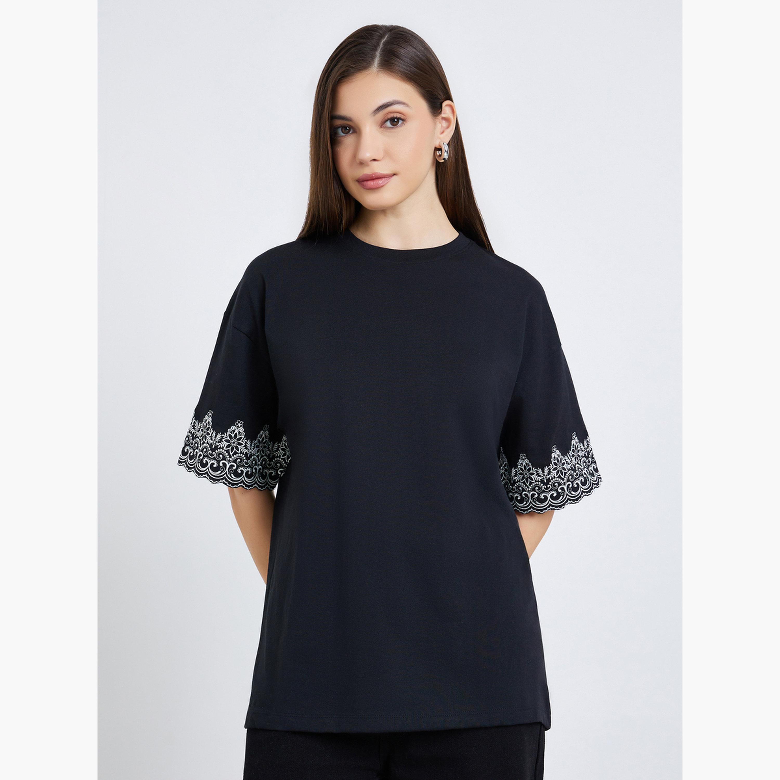Styli Women Black Embroidered Sleeve Oversized T-Shirt-women-clothing-tshirts-image-1