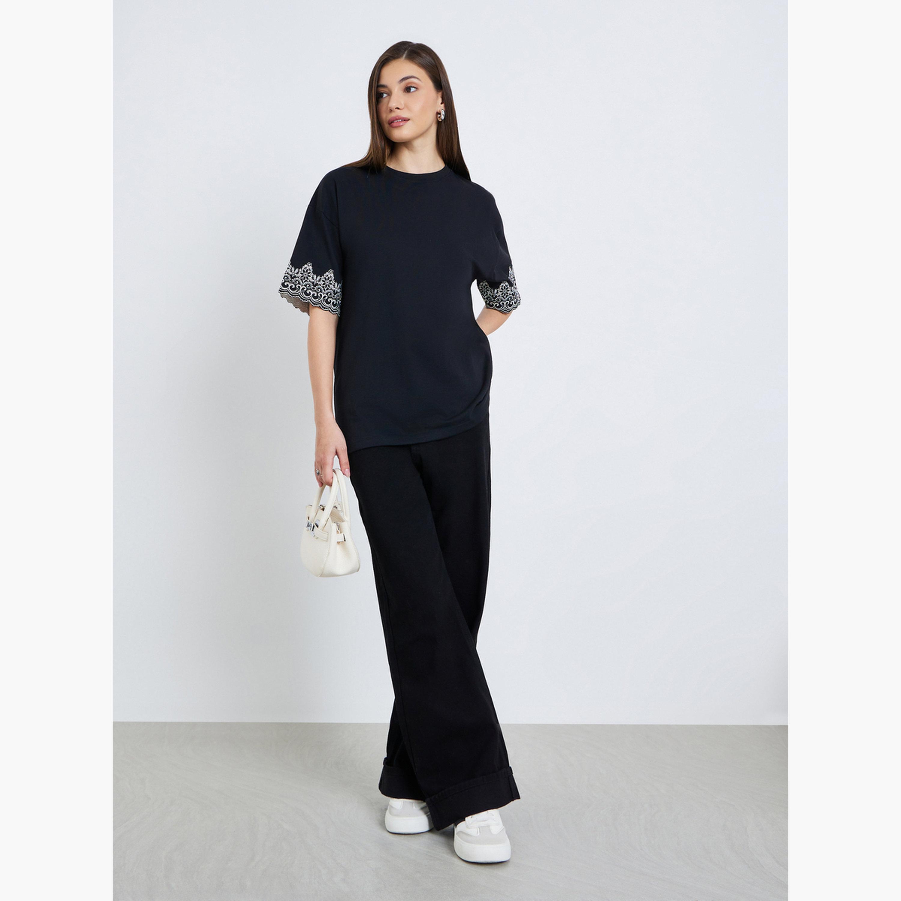 Styli Women Black Embroidered Sleeve Oversized T-Shirt-women-clothing-tshirts-image-2