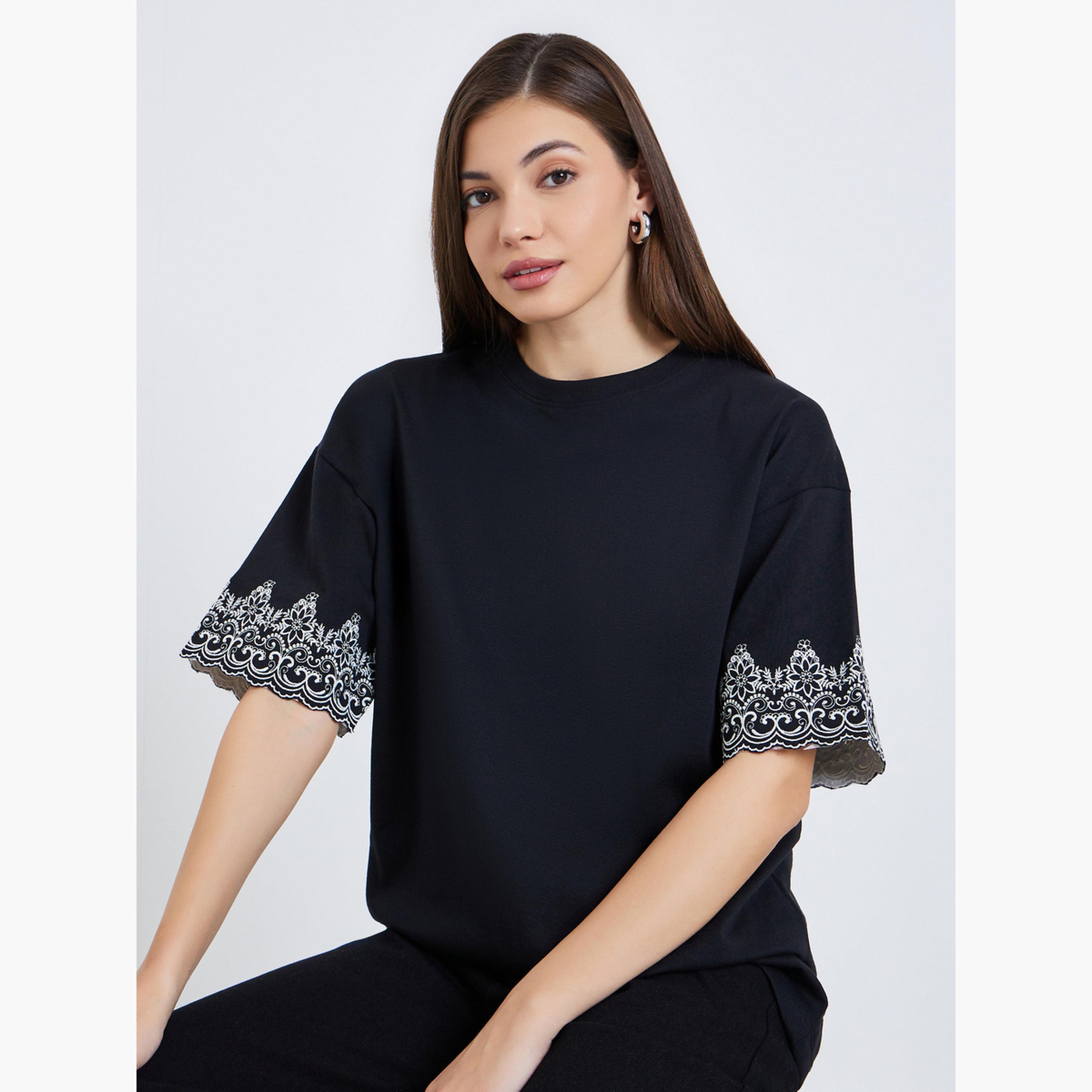 Styli Women Black Embroidered Sleeve Oversized T-Shirt-women-clothing-tshirts-image-3