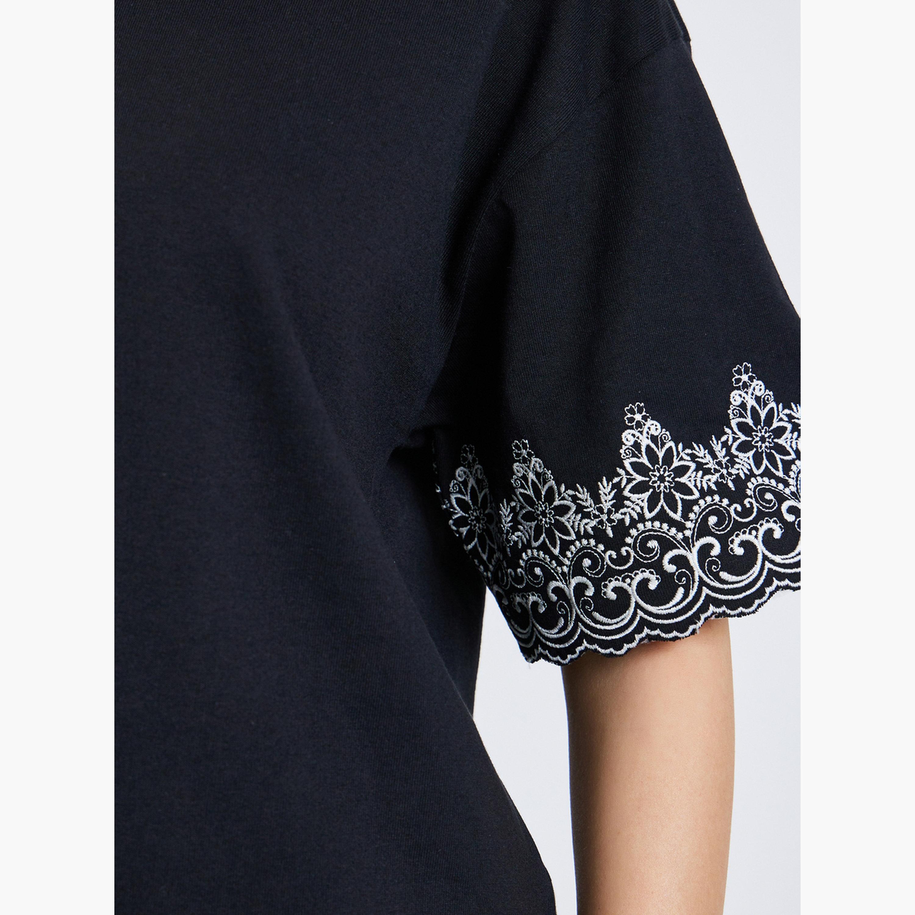 Styli Women Black Embroidered Sleeve Oversized T-Shirt-women-clothing-tshirts-image-4