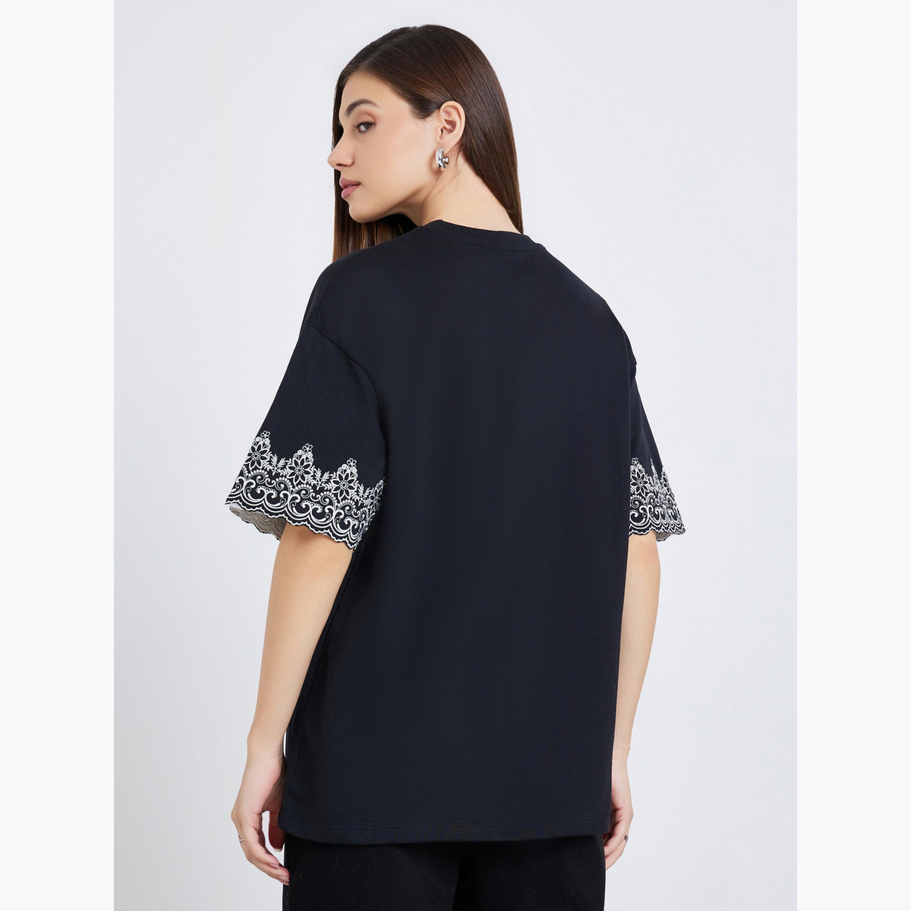 Styli Women Black Embroidered Sleeve Oversized T-Shirt-women-clothing-tshirts-image-5
