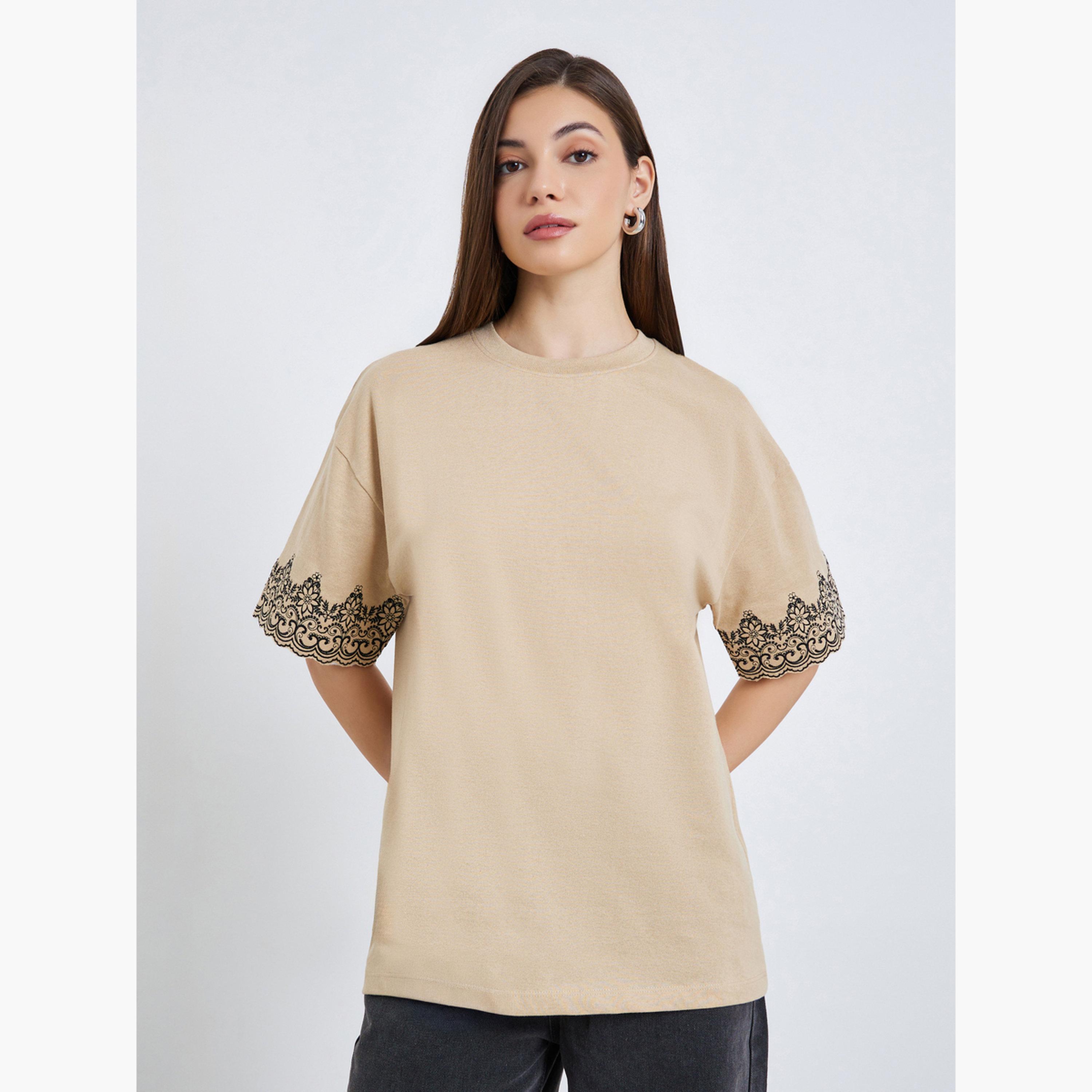 Styli Women Embroidered Sleeve Oversized T-Shirt-women-clothing-tshirts-image-1