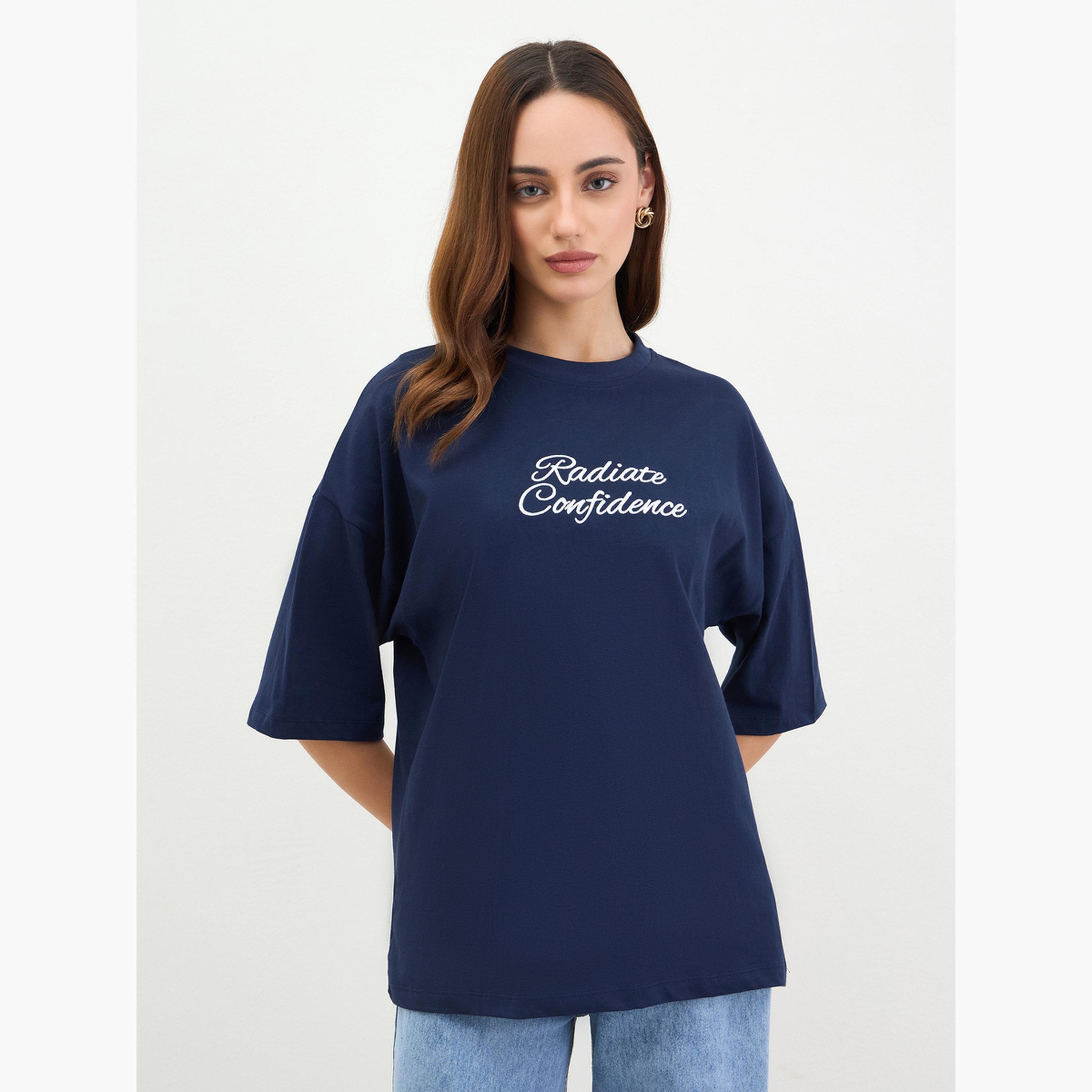 Styli Navy Blue Embroidered Oversized T-Shirt-women-clothing-tshirts-image-1