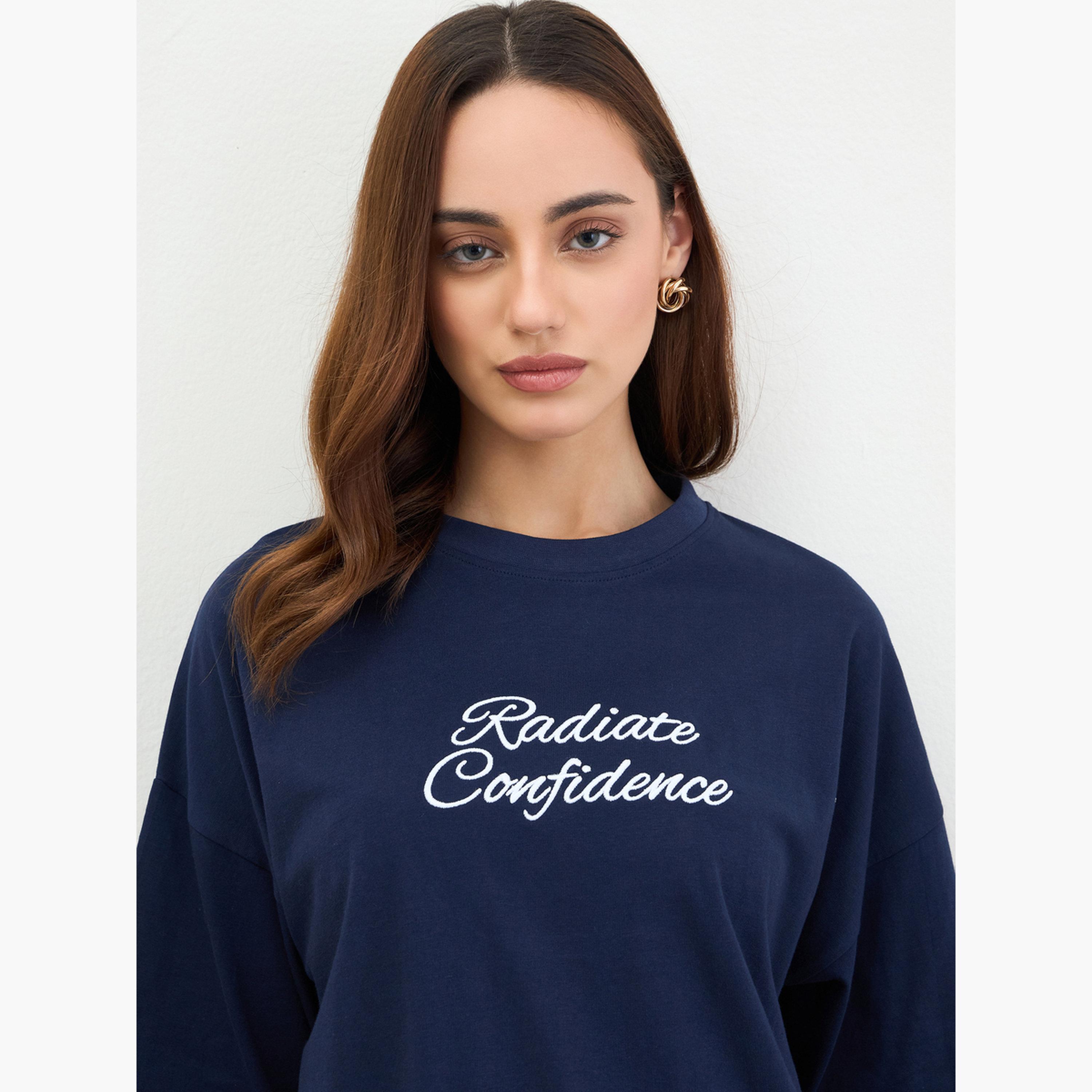 Styli Navy Blue Embroidered Oversized T-Shirt-women-clothing-tshirts-image-4