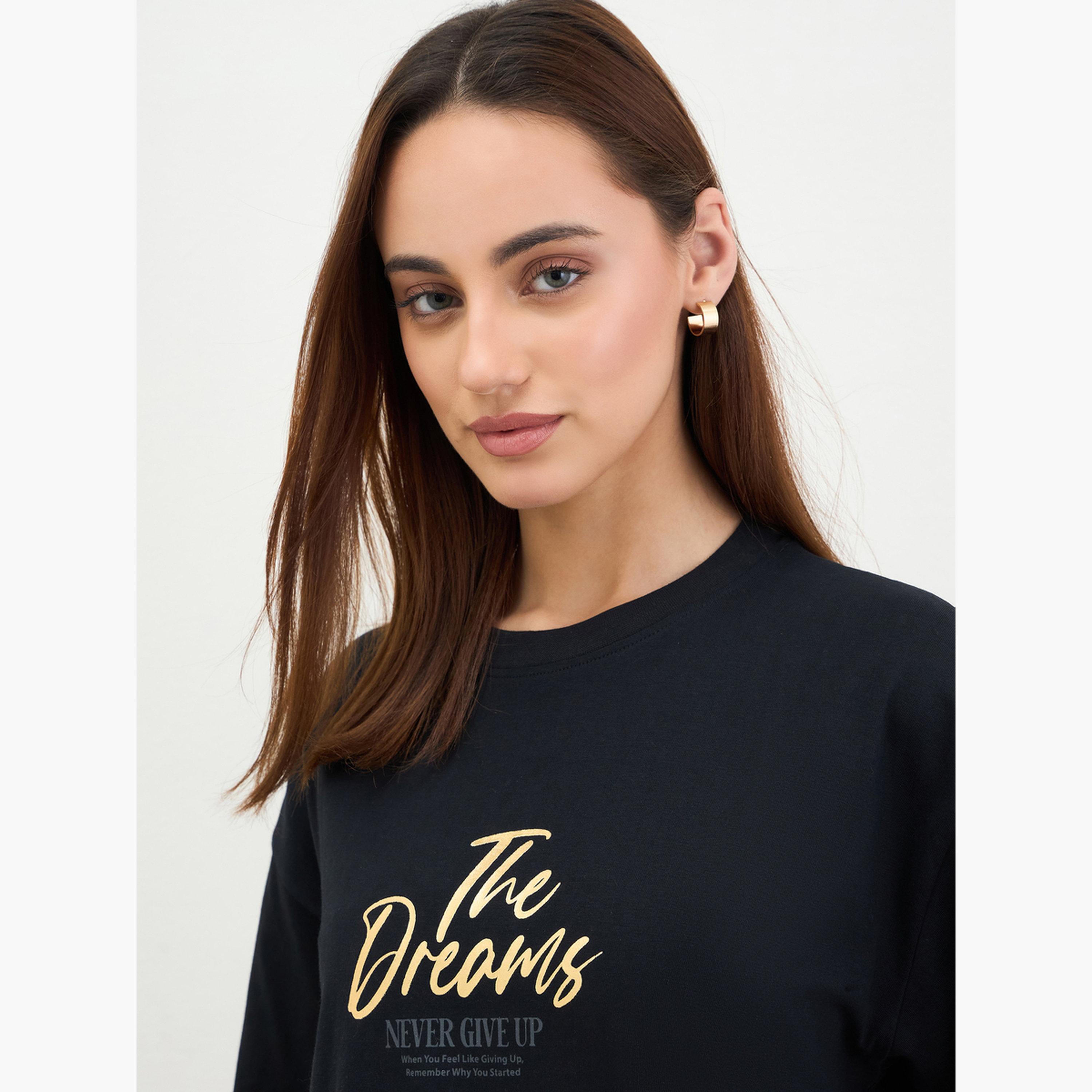 Styli Black Slogan Print Oversized T-Shirt-women-clothing-tshirts-image-4