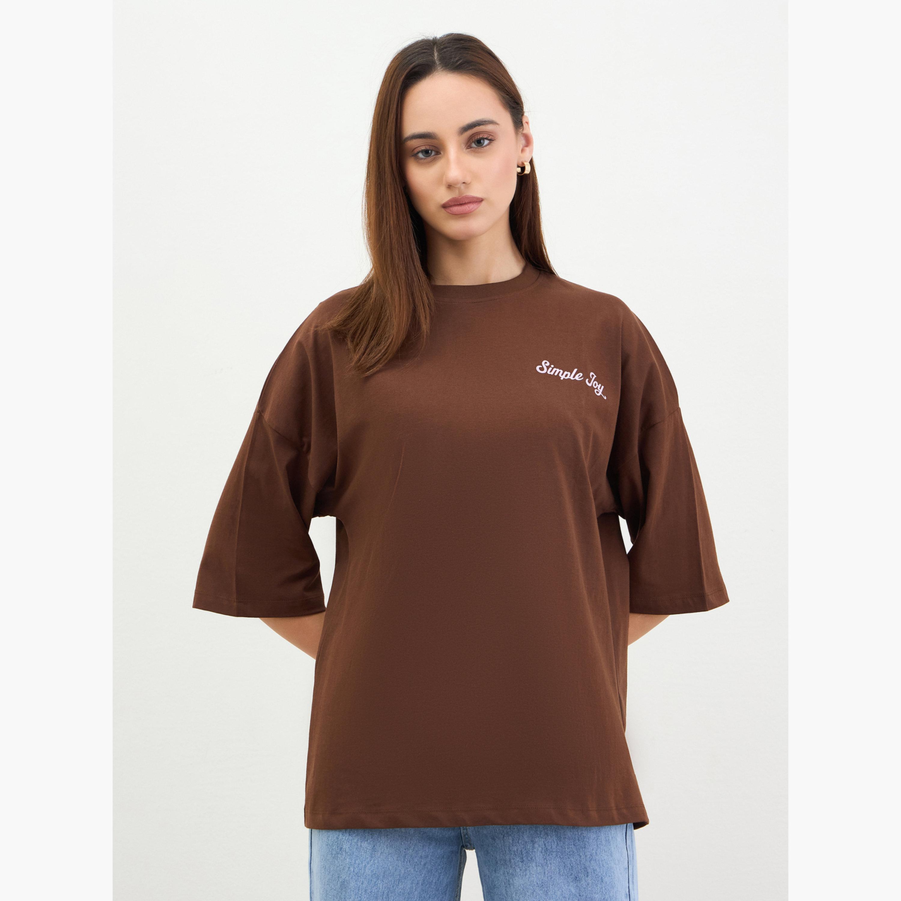 Styli Brown Oversized Slogan T-Shirt-women-clothing-tshirts-image-1