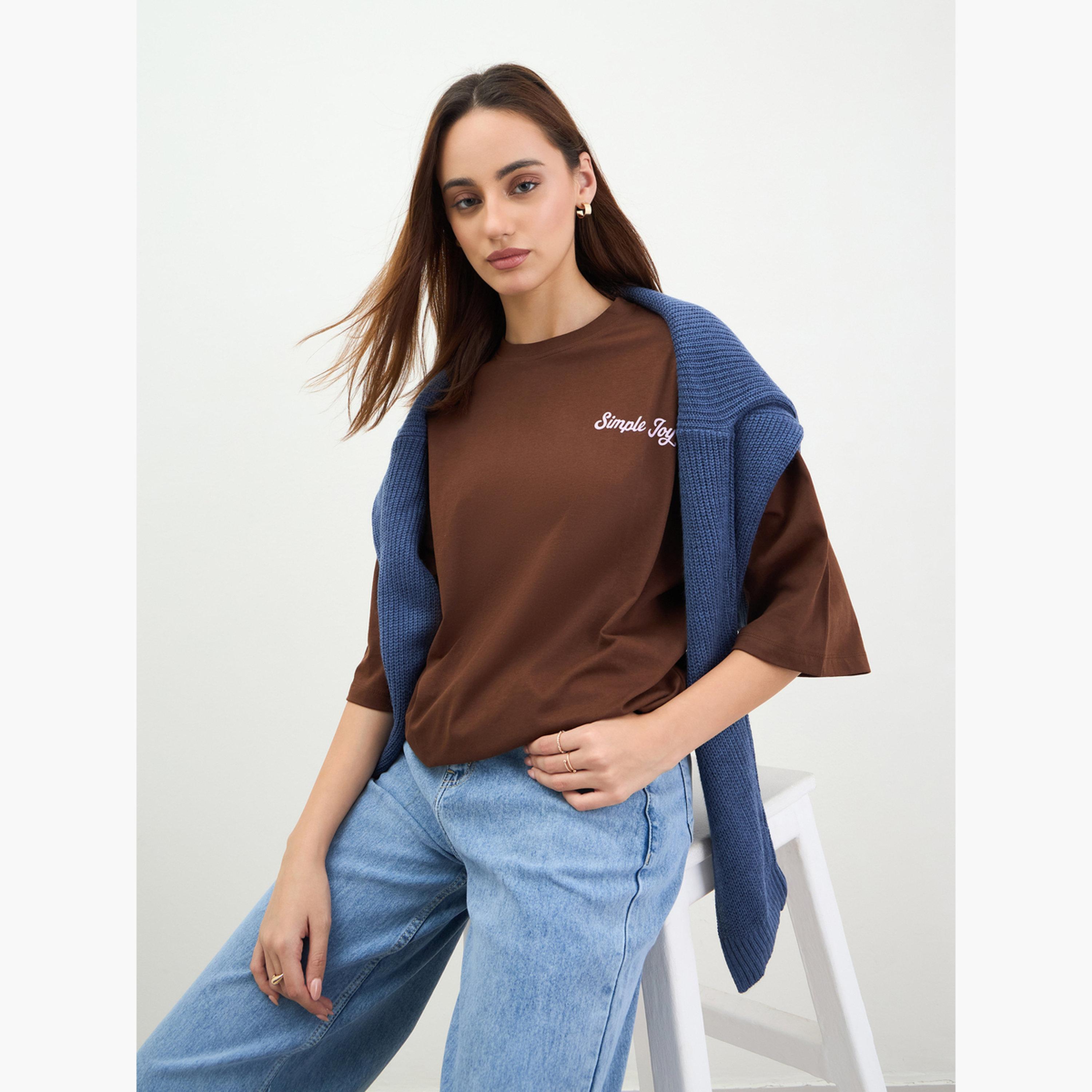 Styli Brown Oversized Slogan T-Shirt-women-clothing-tshirts-image-3