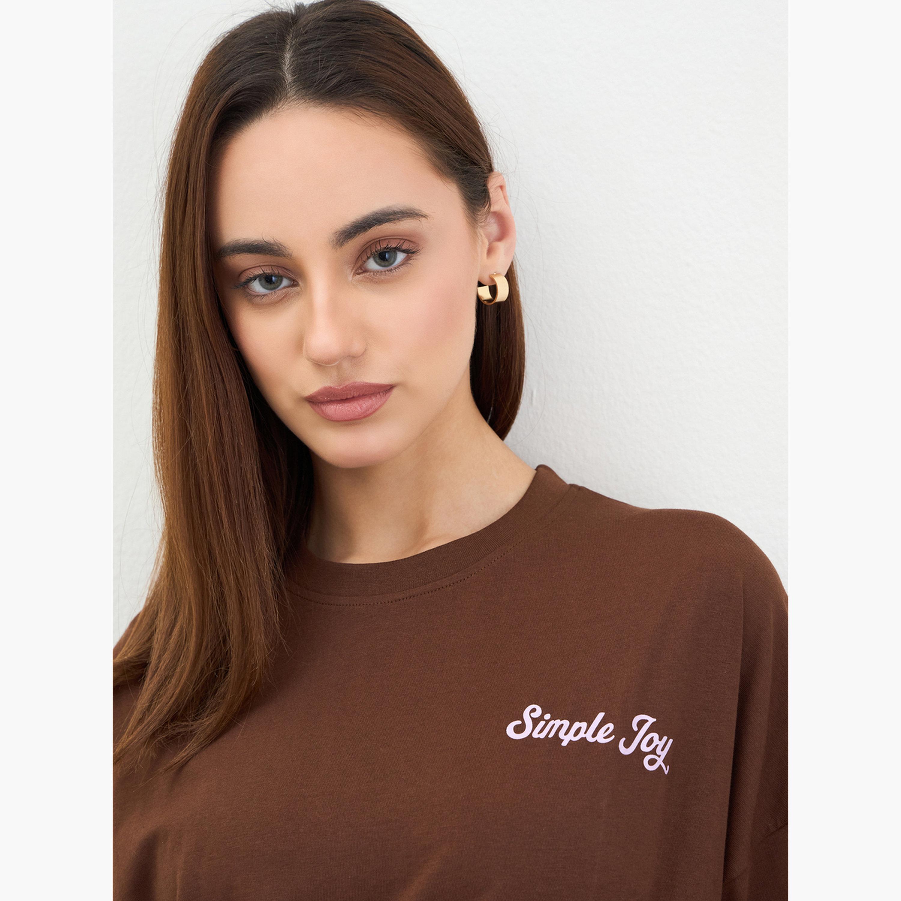 Styli Brown Oversized Slogan T-Shirt-women-clothing-tshirts-image-4