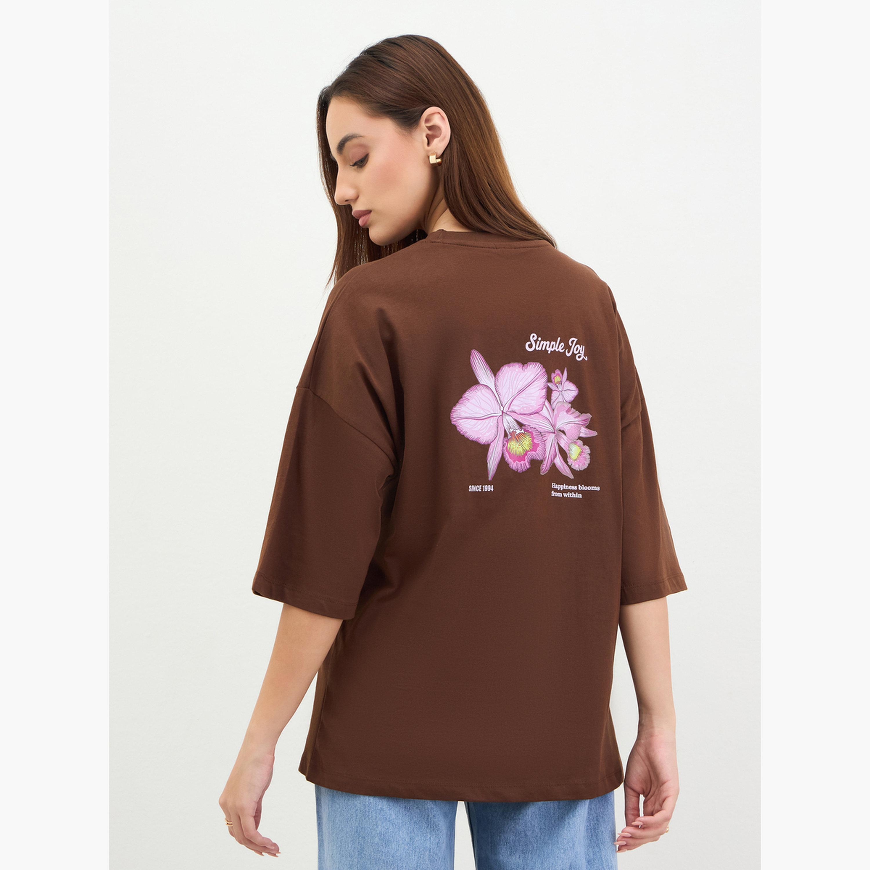 Styli Brown Oversized Slogan T-Shirt-women-clothing-tshirts-image-5