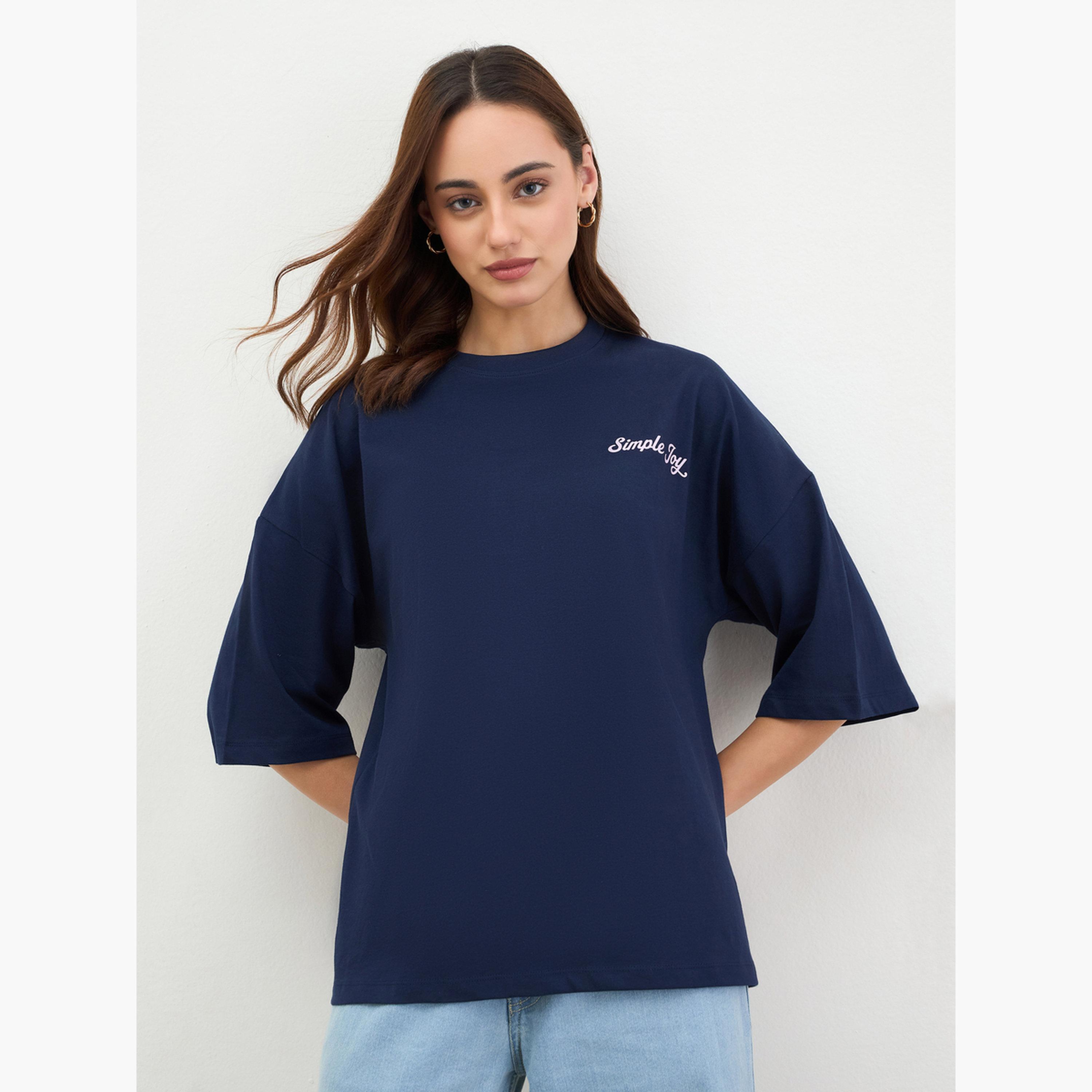 Styli Navy Blue Oversized Slogan T-Shirt-women-clothing-tshirts-image-1