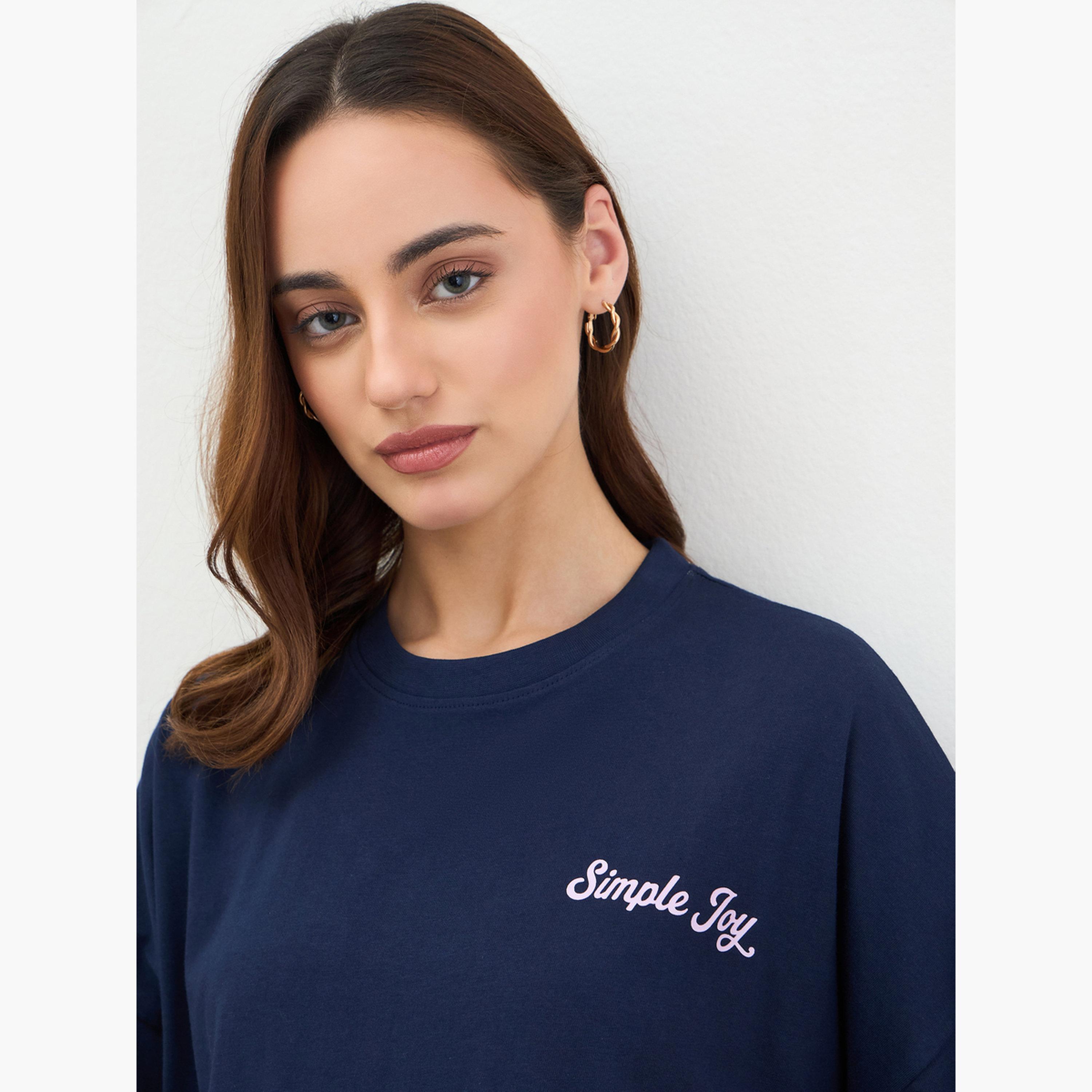 Styli Navy Blue Oversized Slogan T-Shirt-women-clothing-tshirts-image-3