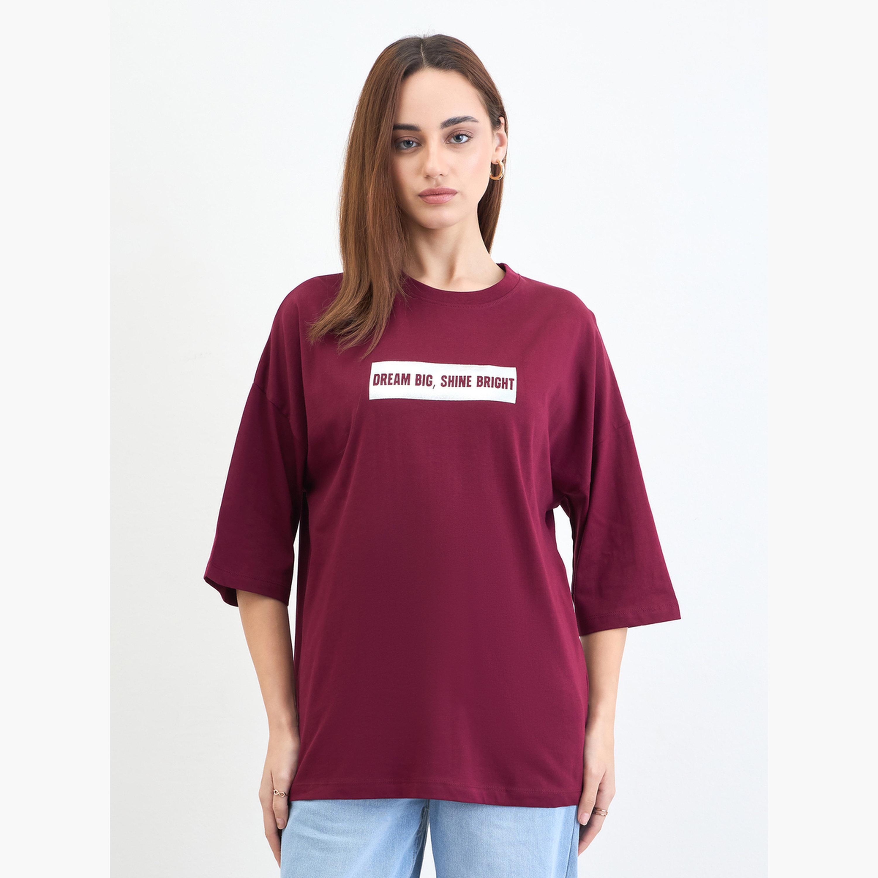 Styli Burgundy Slogan Print Oversized T-Shirt-women-clothing-tshirts-image-1