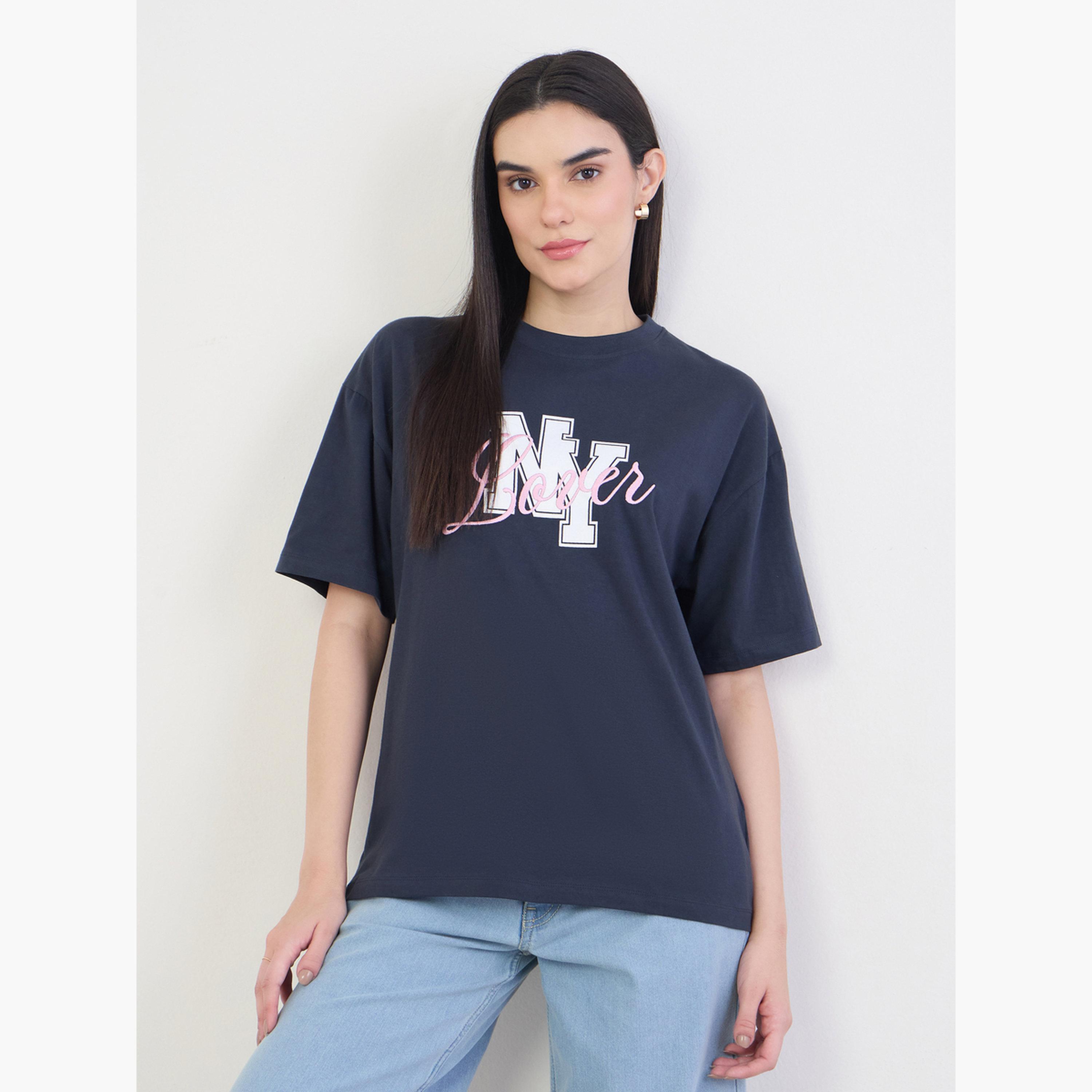 Styli Navy Blue Embroidered Slogan T-Shirt-women-clothing-tshirts-image-1