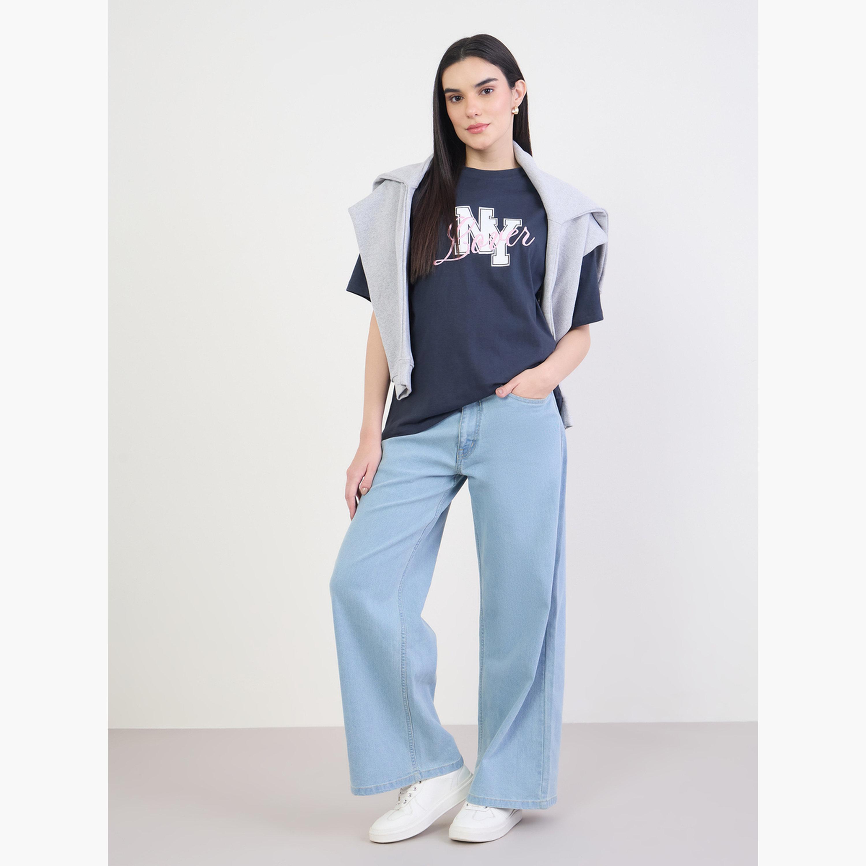 Styli Navy Blue Embroidered Slogan T-Shirt-women-clothing-tshirts-image-2