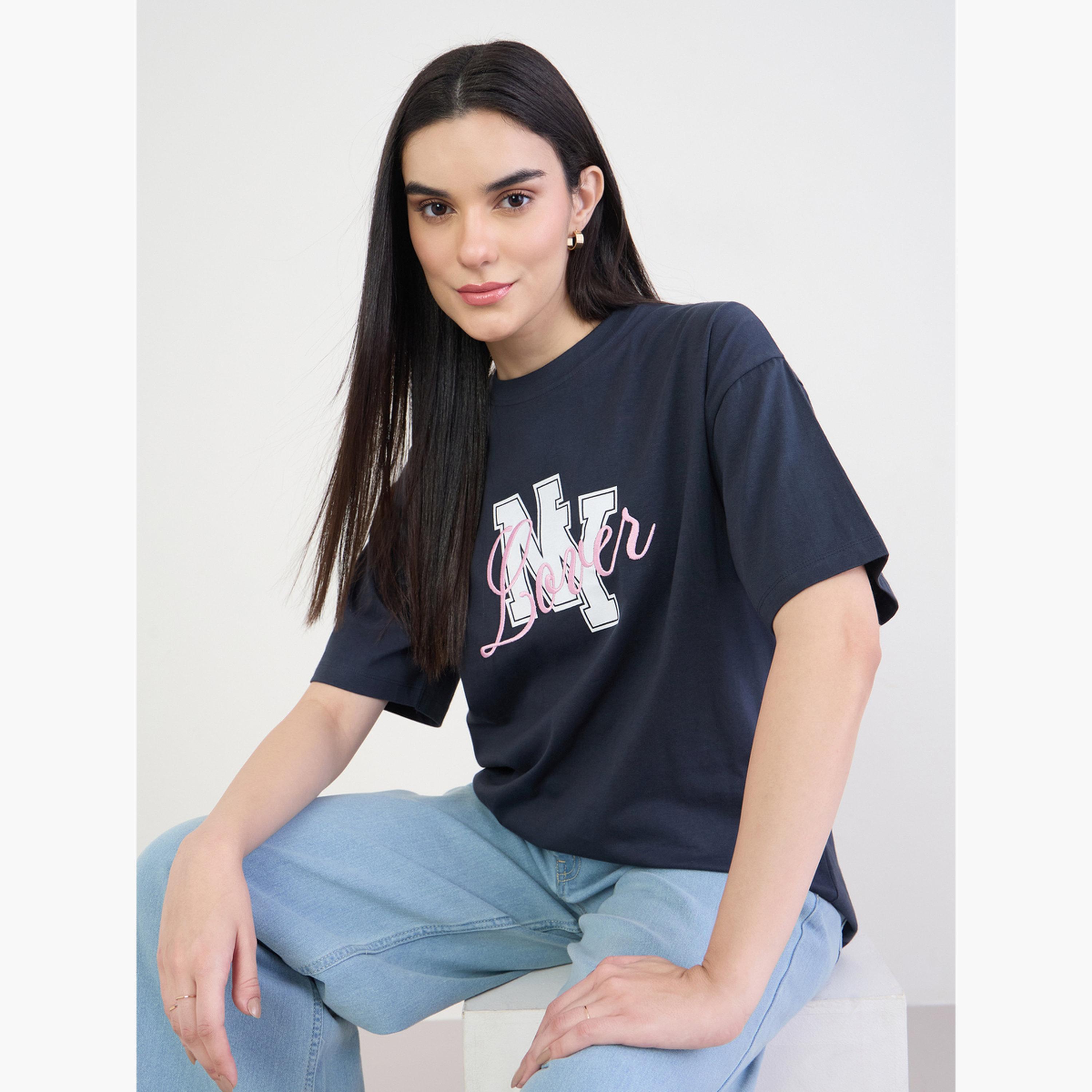 Styli Navy Blue Embroidered Slogan T-Shirt-women-clothing-tshirts-image-3
