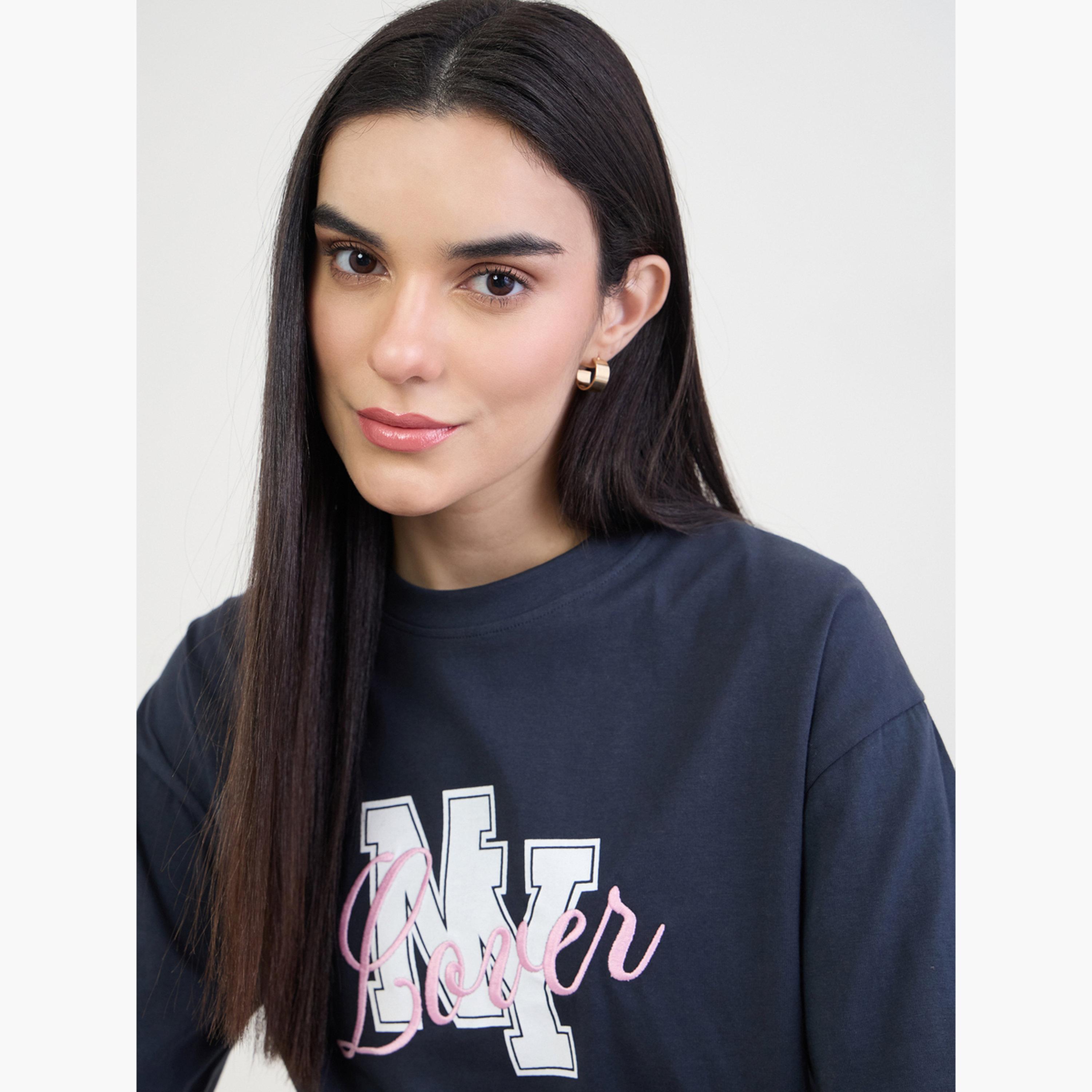 Styli Navy Blue Embroidered Slogan T-Shirt-women-clothing-tshirts-image-4