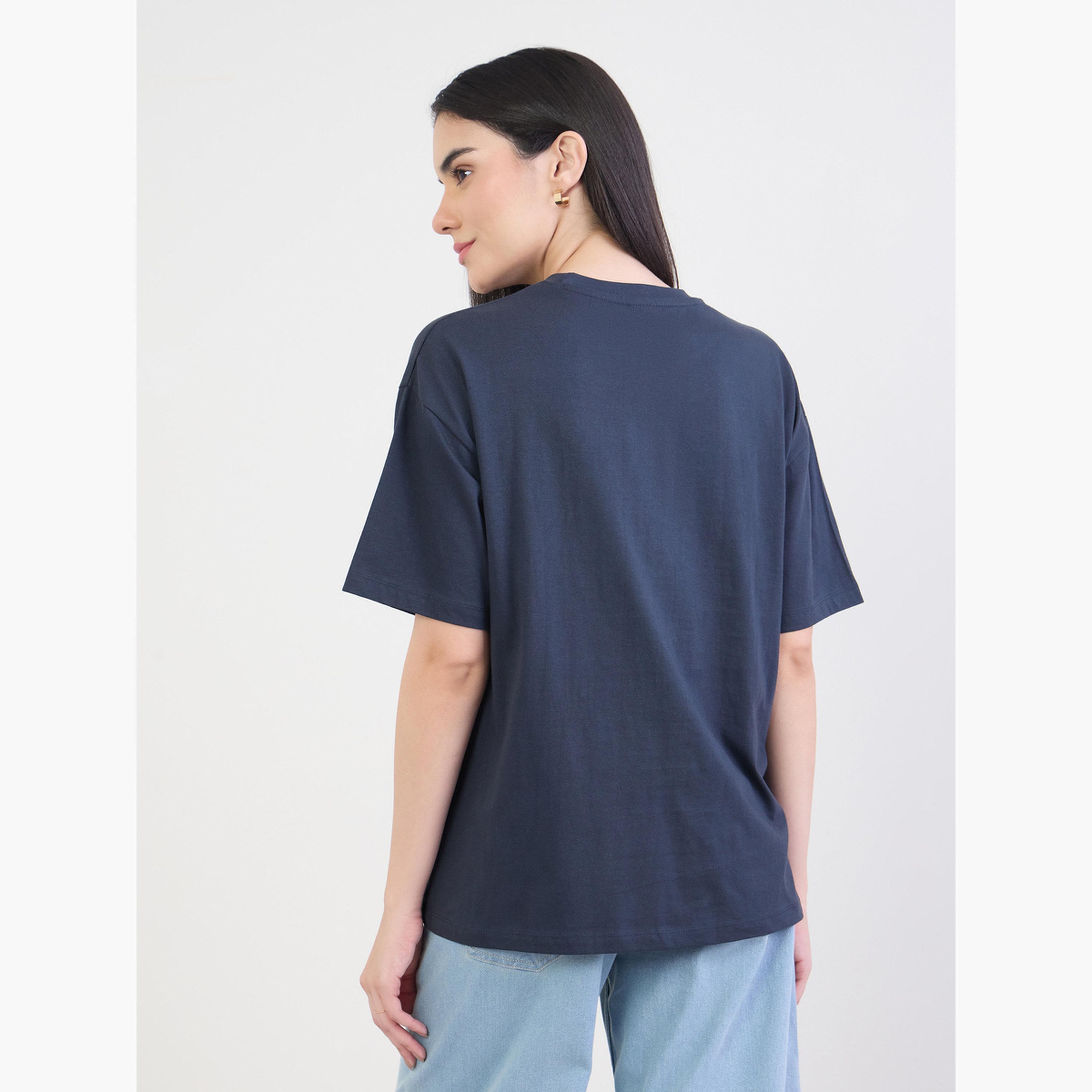 Styli Navy Blue Embroidered Slogan T-Shirt-women-clothing-tshirts-image-5