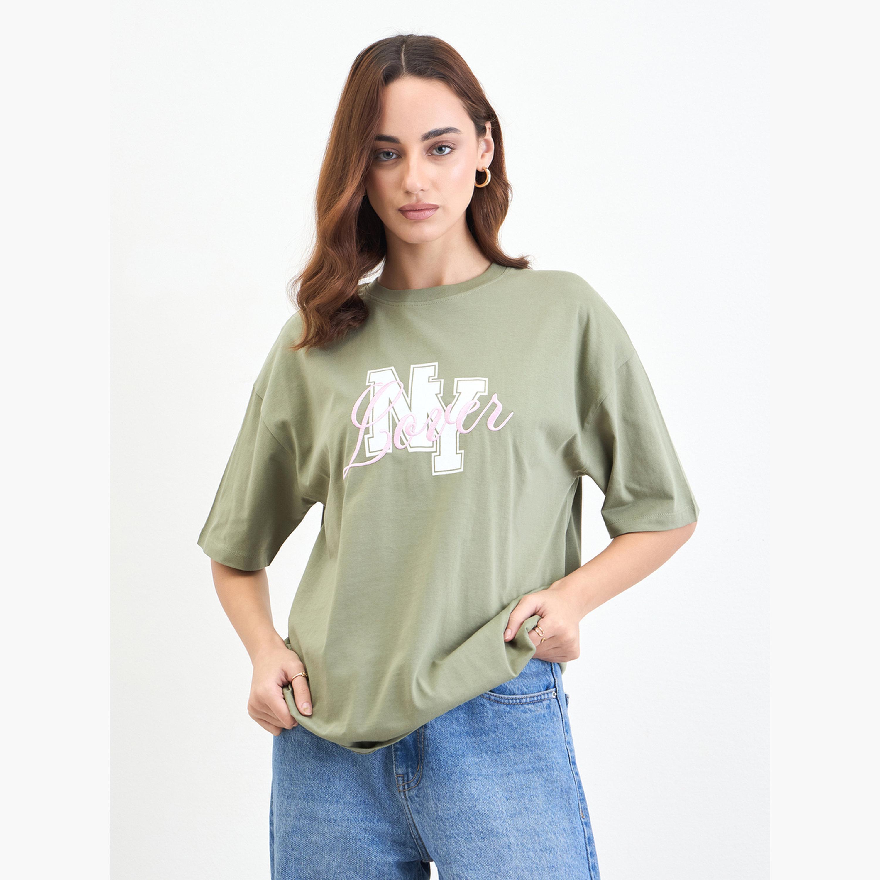 Styli Green Embroidered Oversized T-Shirt-women-clothing-tshirts-image-1
