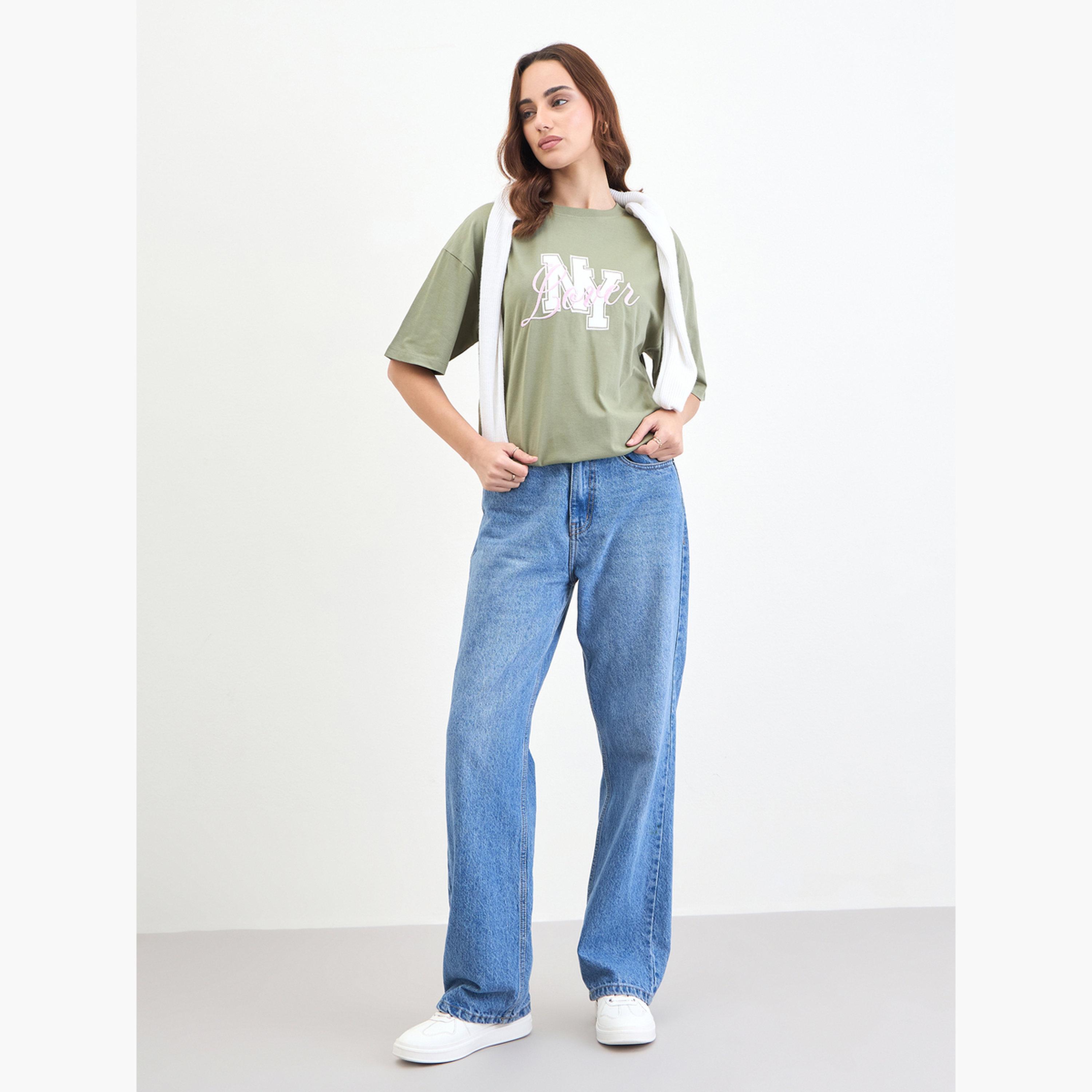 Styli Green Embroidered Oversized T-Shirt-women-clothing-tshirts-image-2