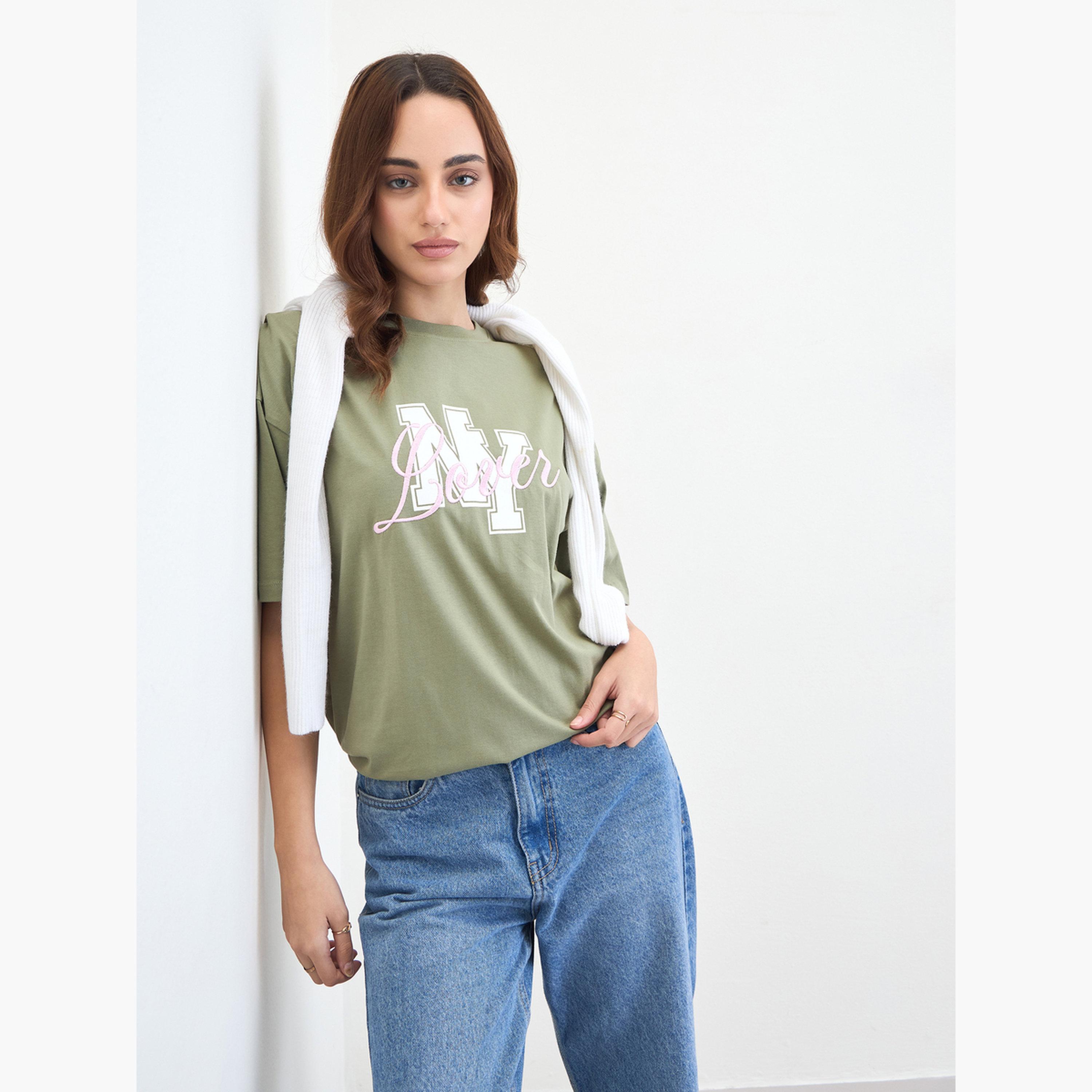 Styli Green Embroidered Oversized T-Shirt-women-clothing-tshirts-image-3
