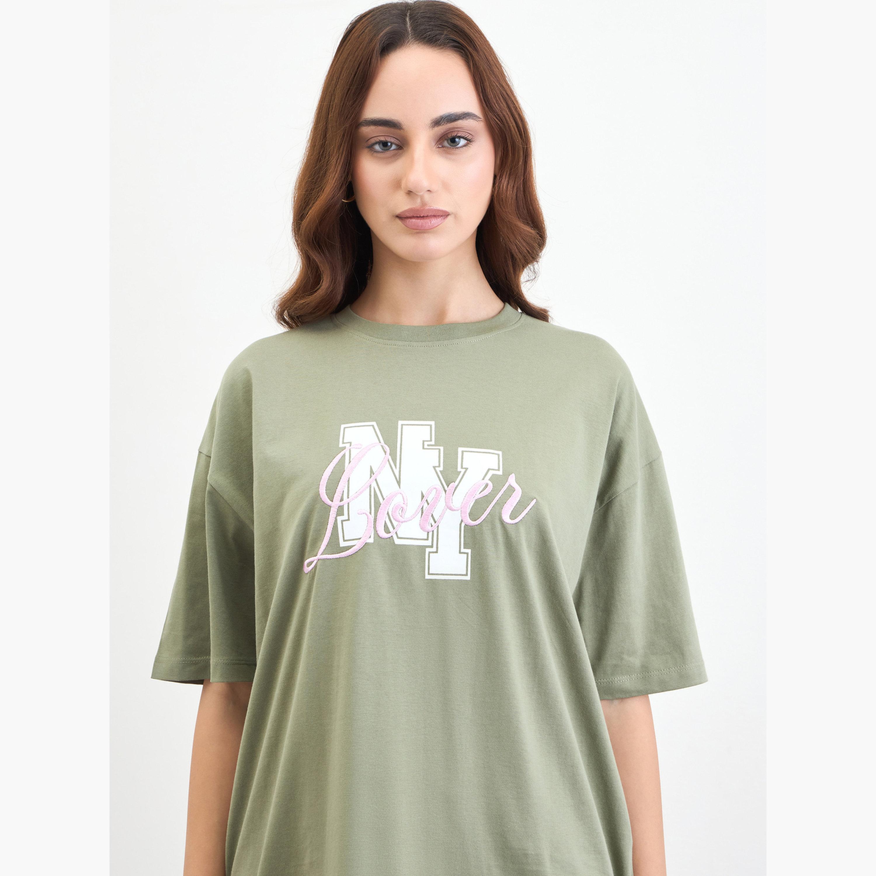 Styli Green Embroidered Oversized T-Shirt-women-clothing-tshirts-image-4