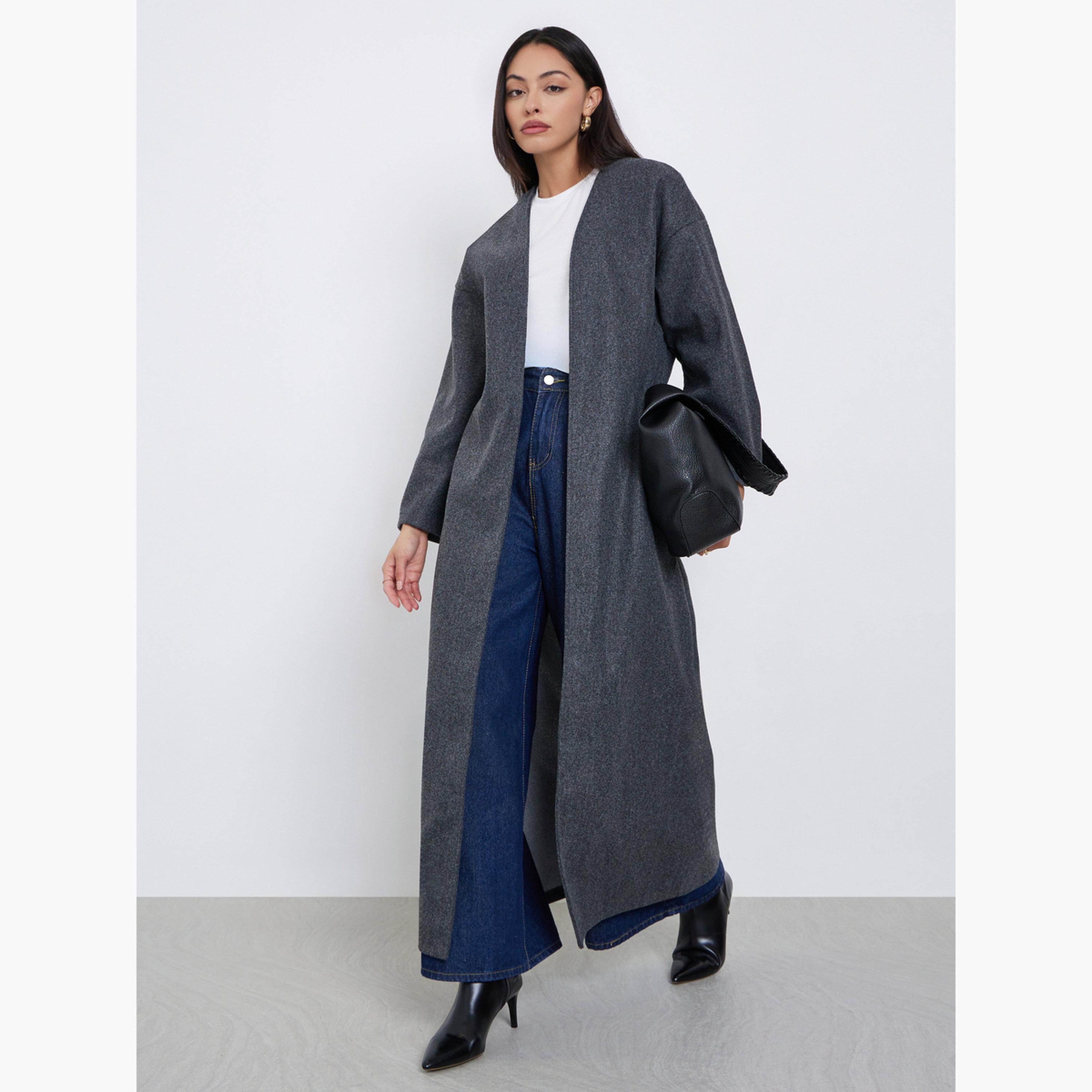 Styli Grey Wool Look Open Front Abaya-women-arabicclothing-abayas-image-1