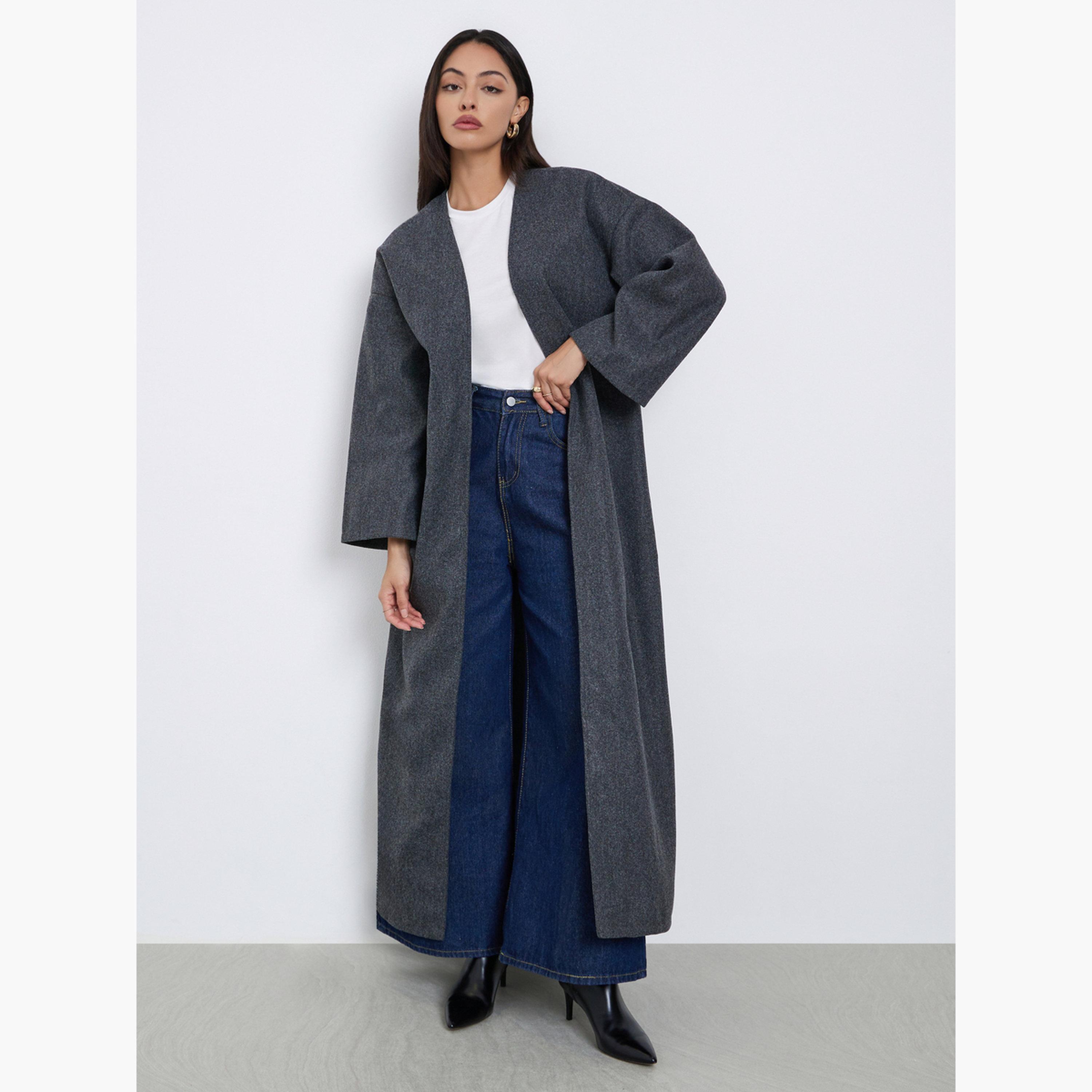 Styli Grey Wool Look Open Front Abaya-women-arabicclothing-abayas-image-2