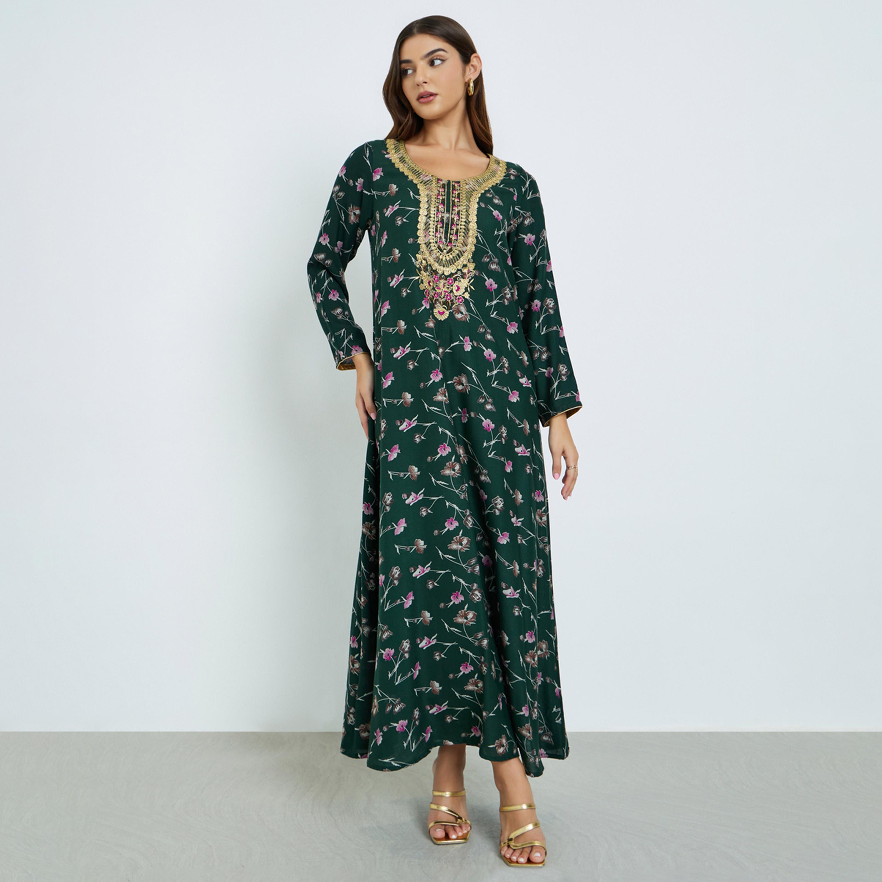 Maxim Creation Floral Print Jalabiya with Multicolor Threadwork-women-arabicclothing-jalabiyas-image-1