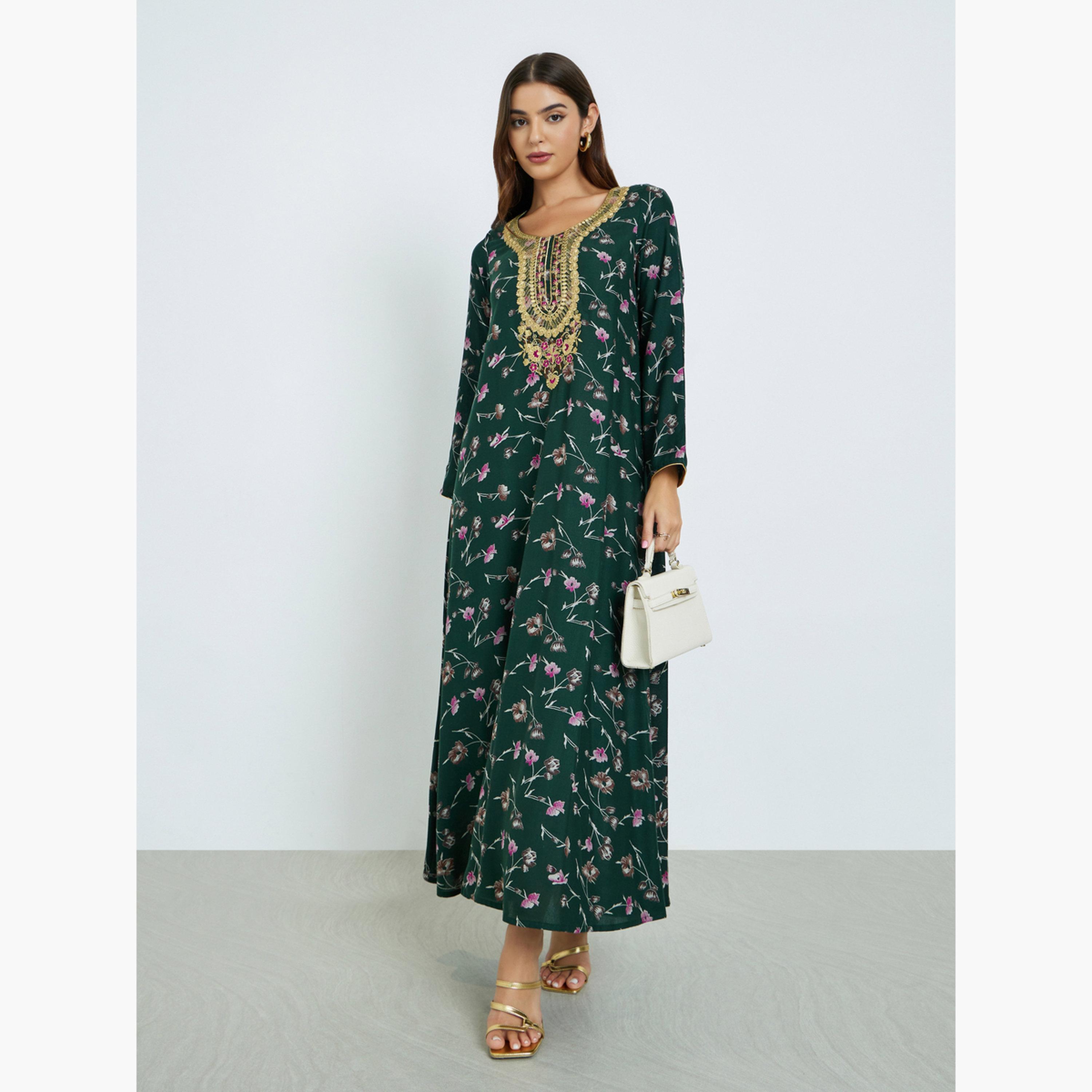 Maxim Creation Floral Print Jalabiya with Multicolor Threadwork-women-arabicclothing-jalabiyas-image-2