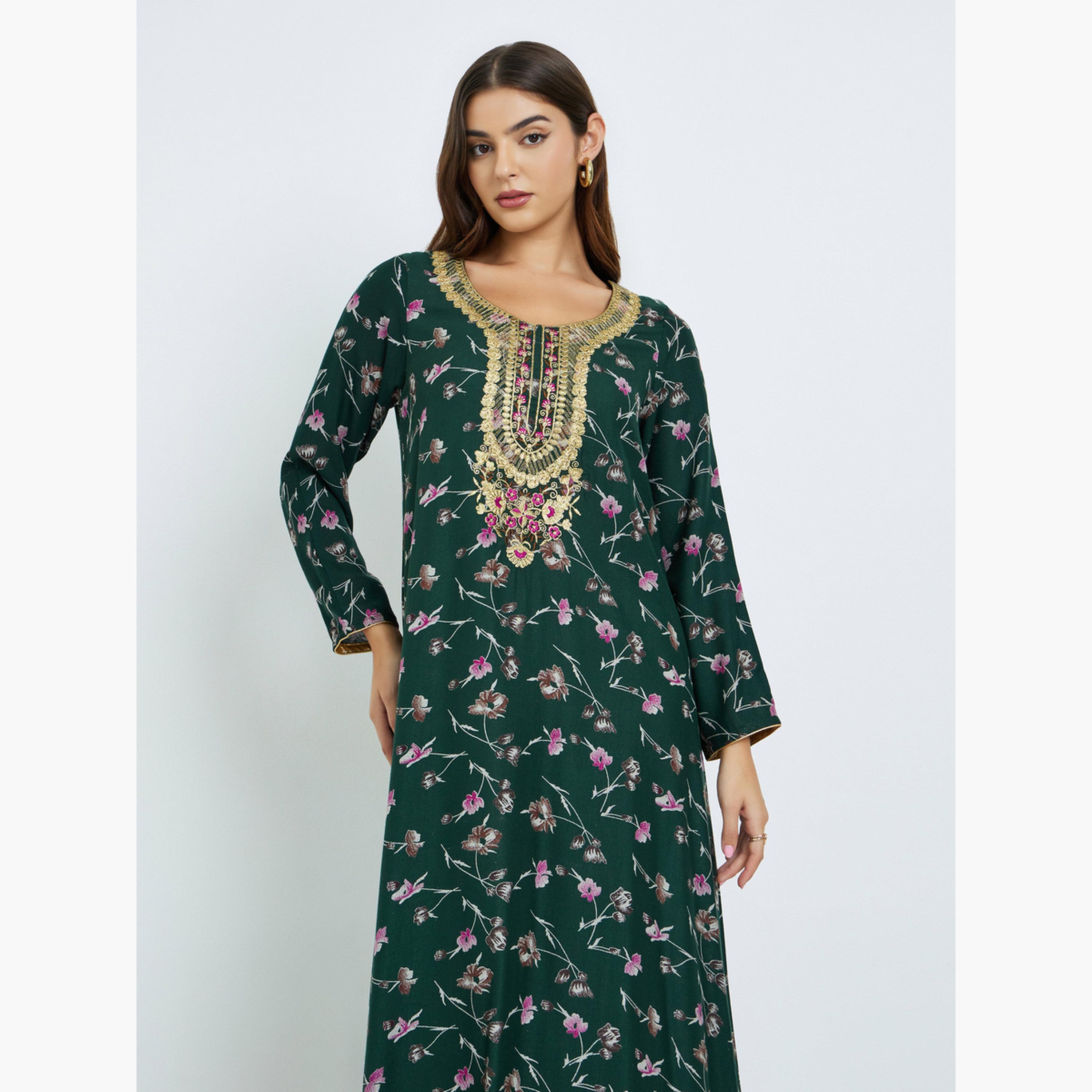 Maxim Creation Floral Print Jalabiya with Multicolor Threadwork-women-arabicclothing-jalabiyas-image-3
