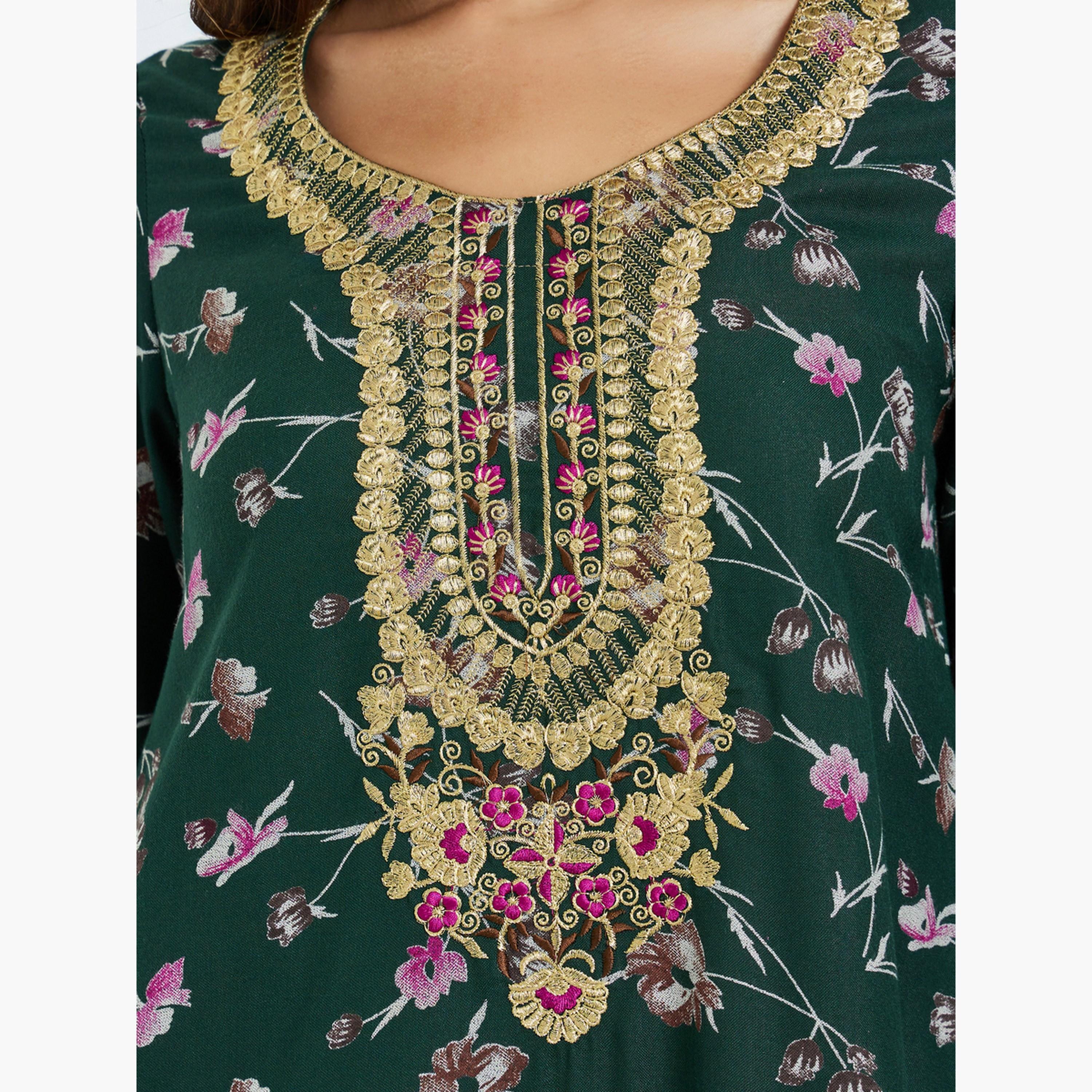 Maxim Creation Floral Print Jalabiya with Multicolor Threadwork-women-arabicclothing-jalabiyas-image-5