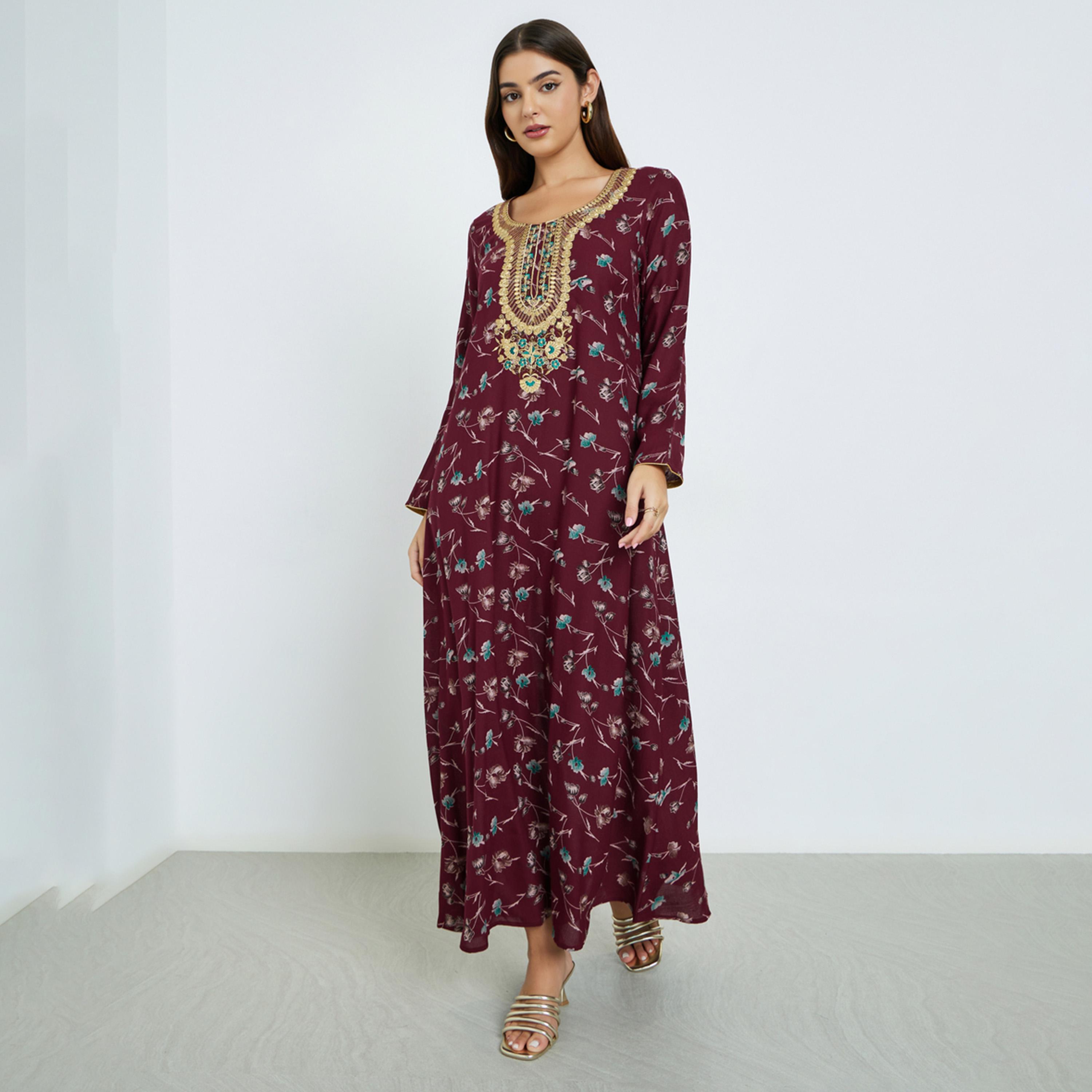 Maxim Creation Floral Print Jalabiya with Multicolor Threadwork-women-arabicclothing-jalabiyas-image-1