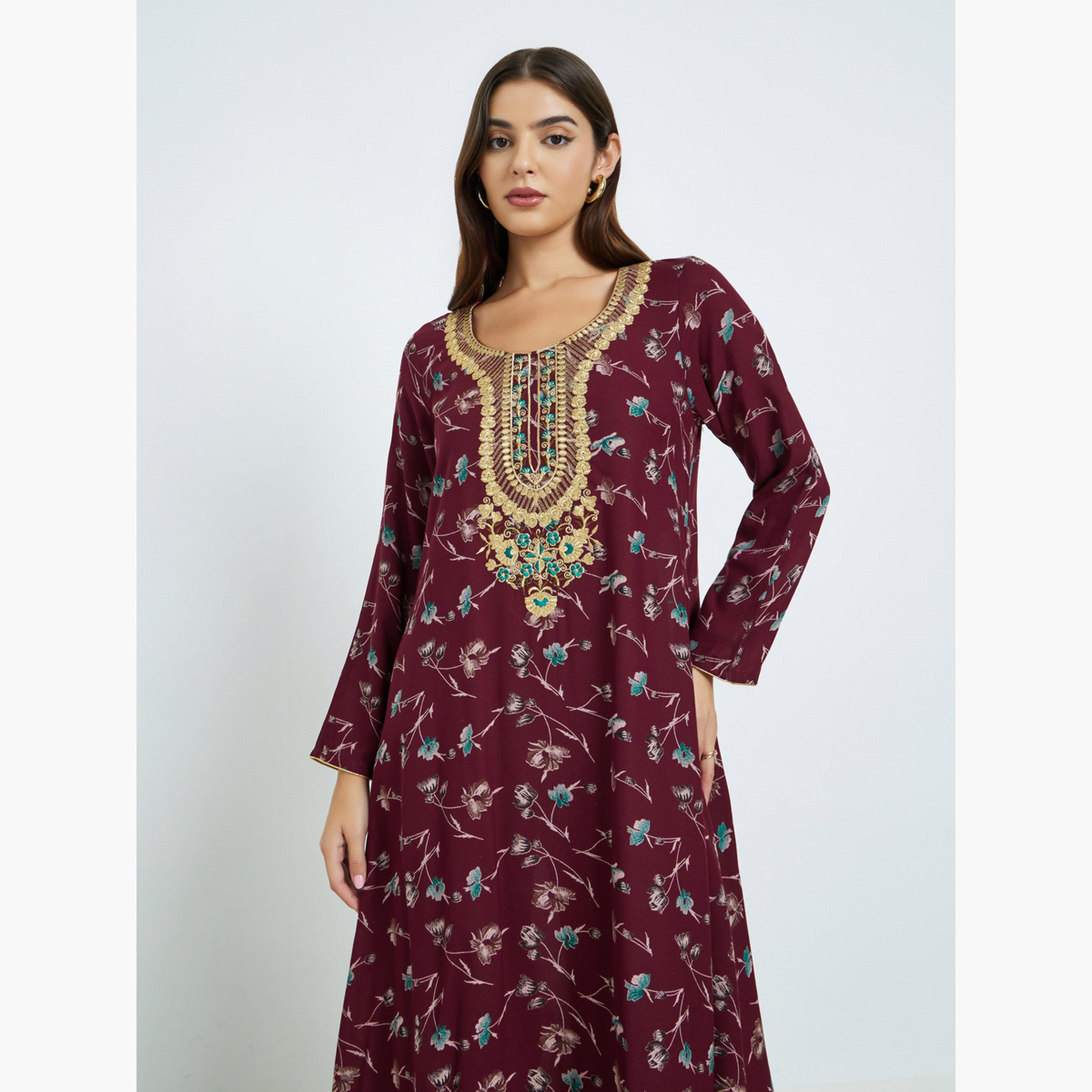 Maxim Creation Floral Print Jalabiya with Multicolor Threadwork-women-arabicclothing-jalabiyas-image-2