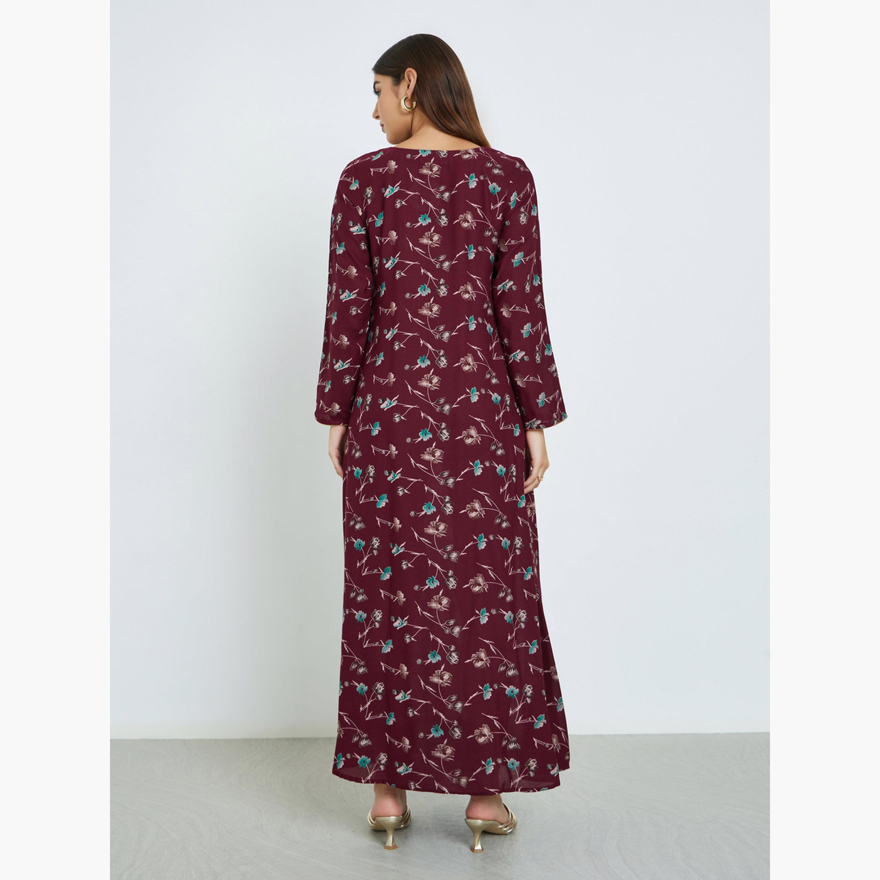 Maxim Creation Floral Print Jalabiya with Multicolor Threadwork-women-arabicclothing-jalabiyas-image-3