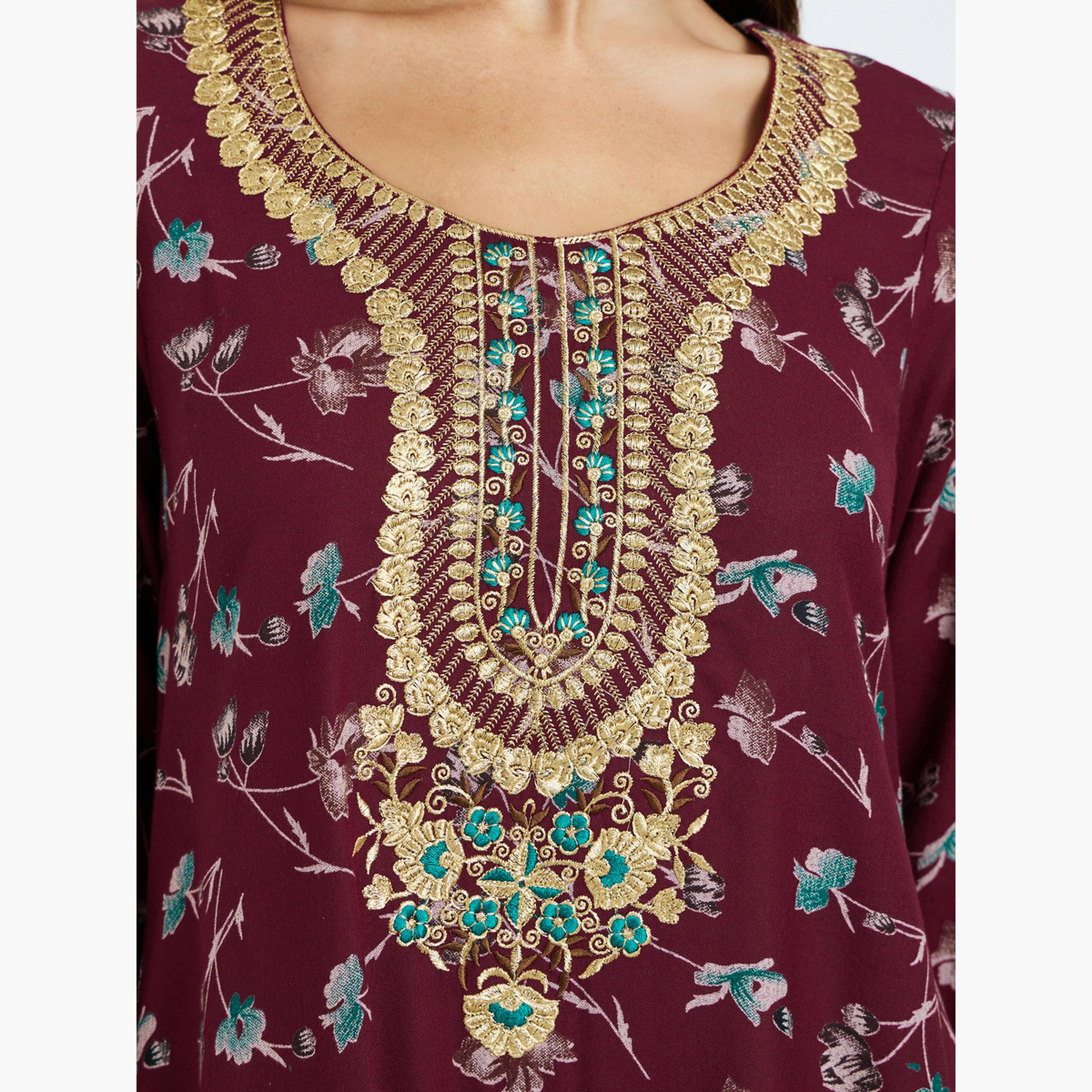 Maxim Creation Floral Print Jalabiya with Multicolor Threadwork-women-arabicclothing-jalabiyas-image-4