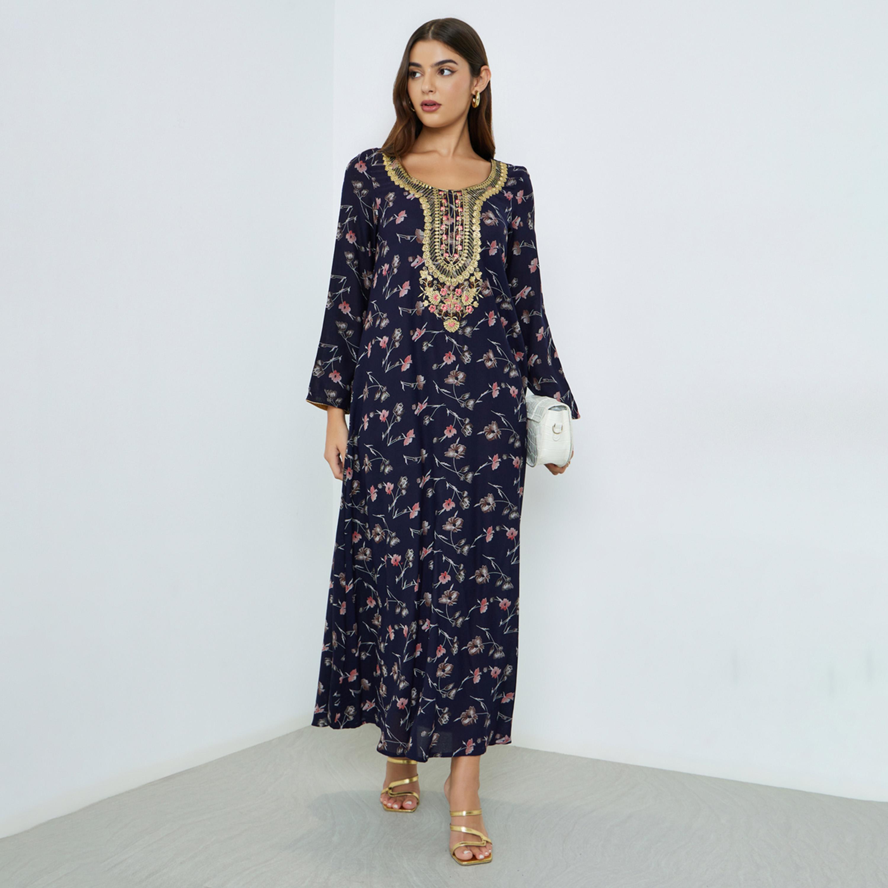 Maxim Creation Floral Print Jalabiya with Multicolor Threadwork-women-arabicclothing-jalabiyas-image-1