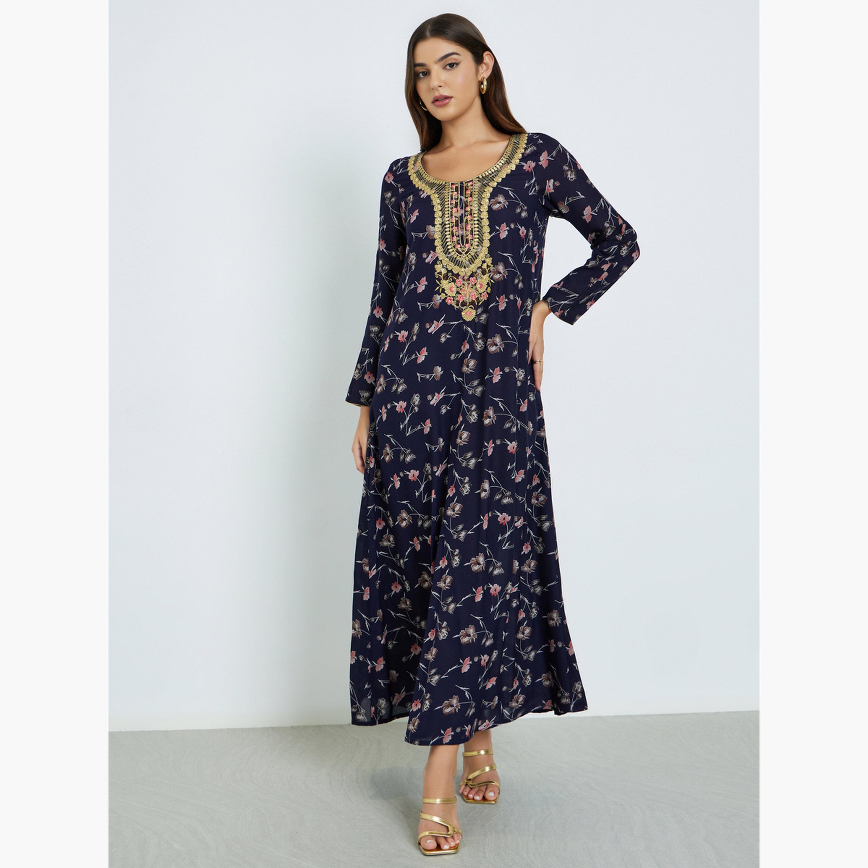 Maxim Creation Floral Print Jalabiya with Multicolor Threadwork-women-arabicclothing-jalabiyas-image-2