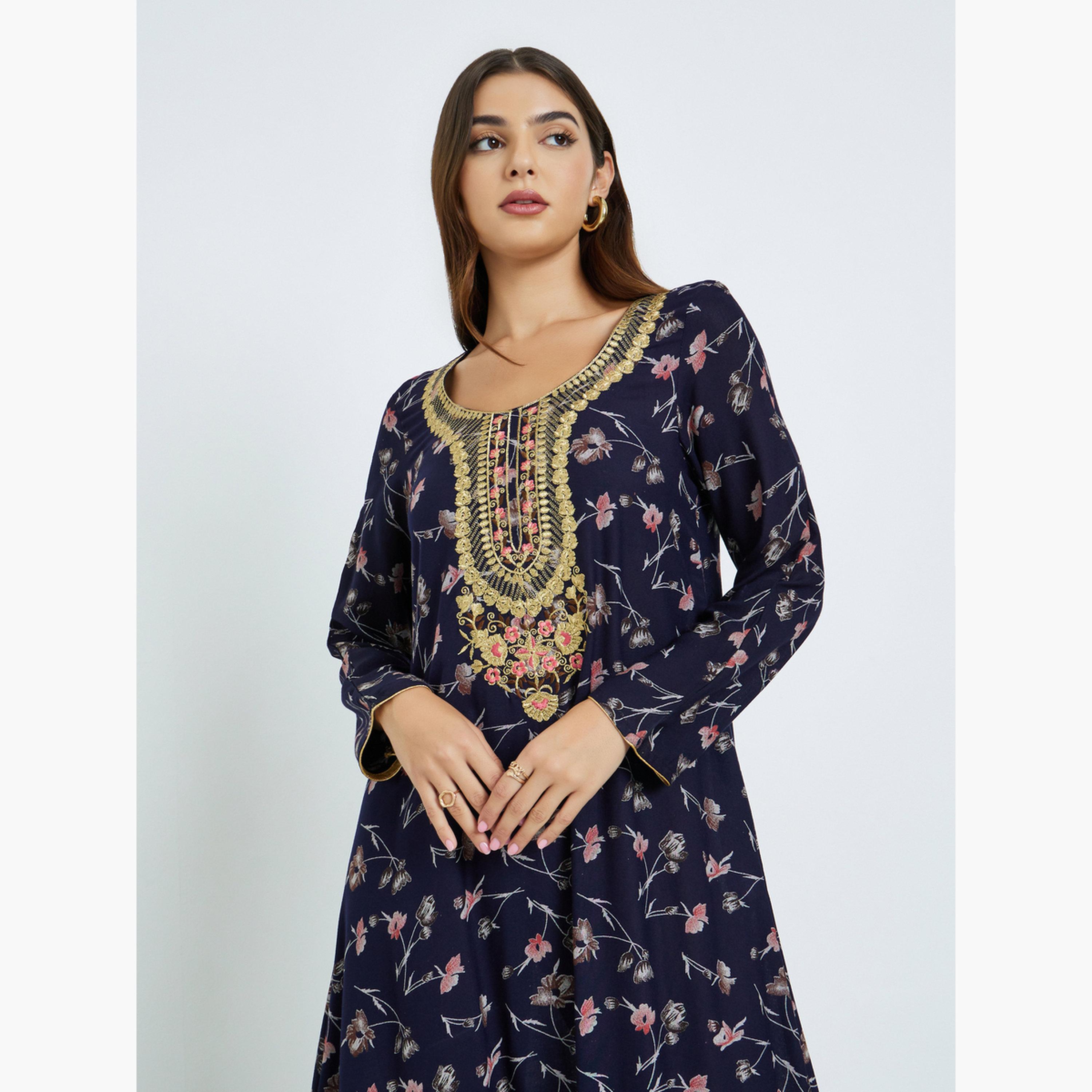 Maxim Creation Floral Print Jalabiya with Multicolor Threadwork-women-arabicclothing-jalabiyas-image-3
