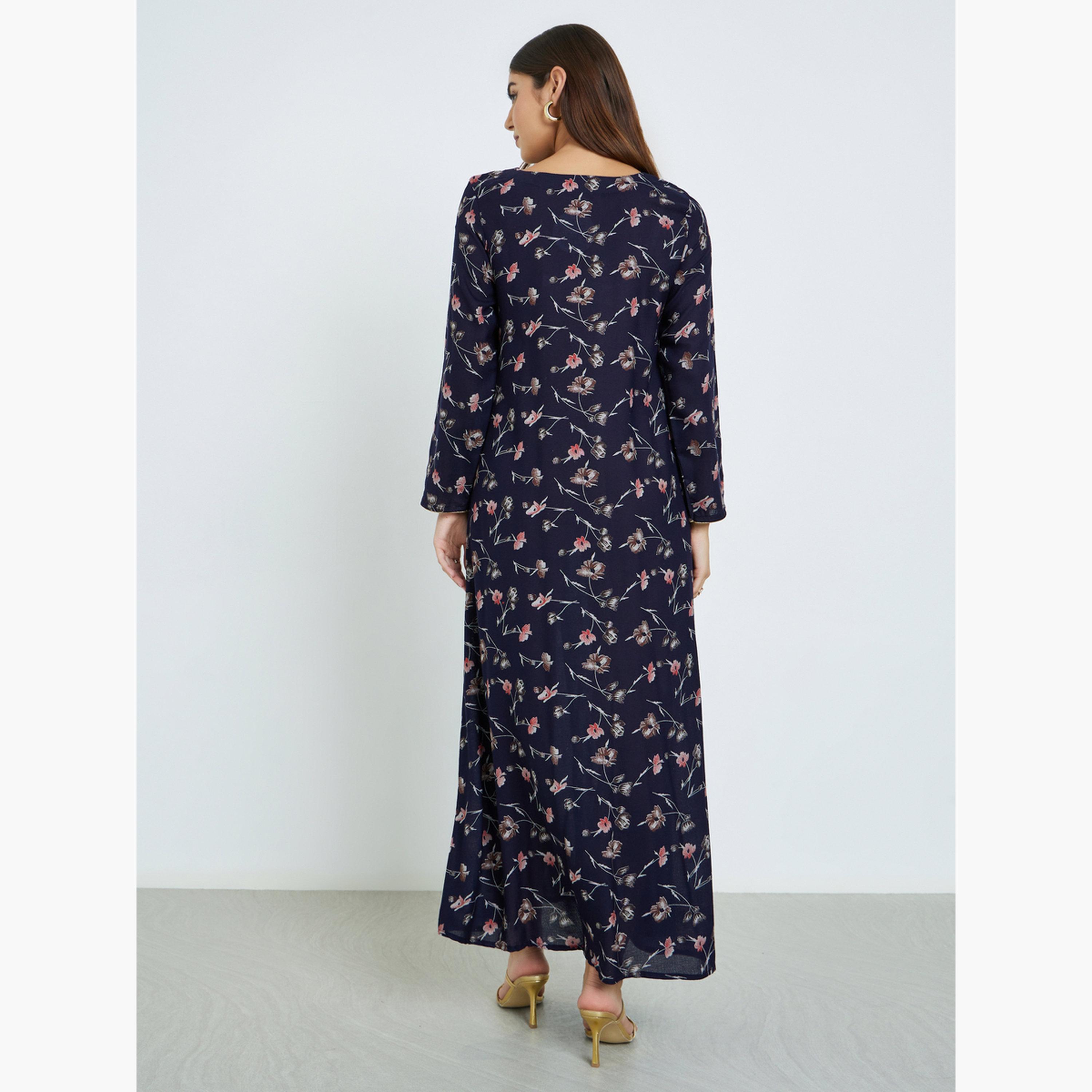 Maxim Creation Floral Print Jalabiya with Multicolor Threadwork-women-arabicclothing-jalabiyas-image-4