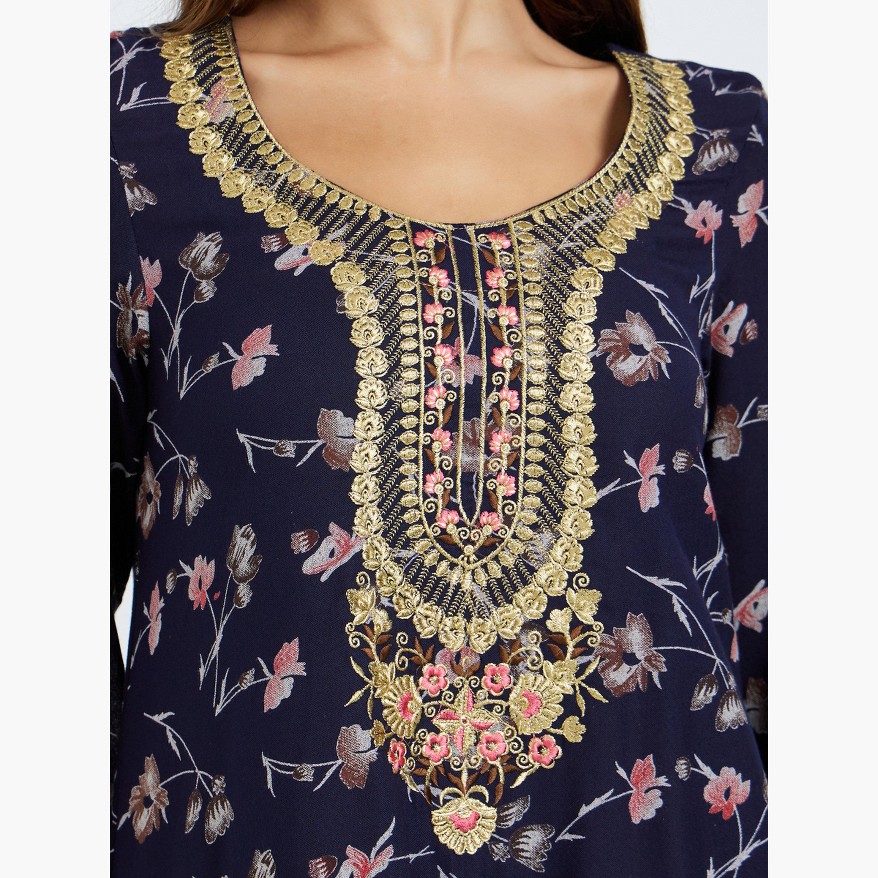 Maxim Creation Floral Print Jalabiya with Multicolor Threadwork-women-arabicclothing-jalabiyas-image-5