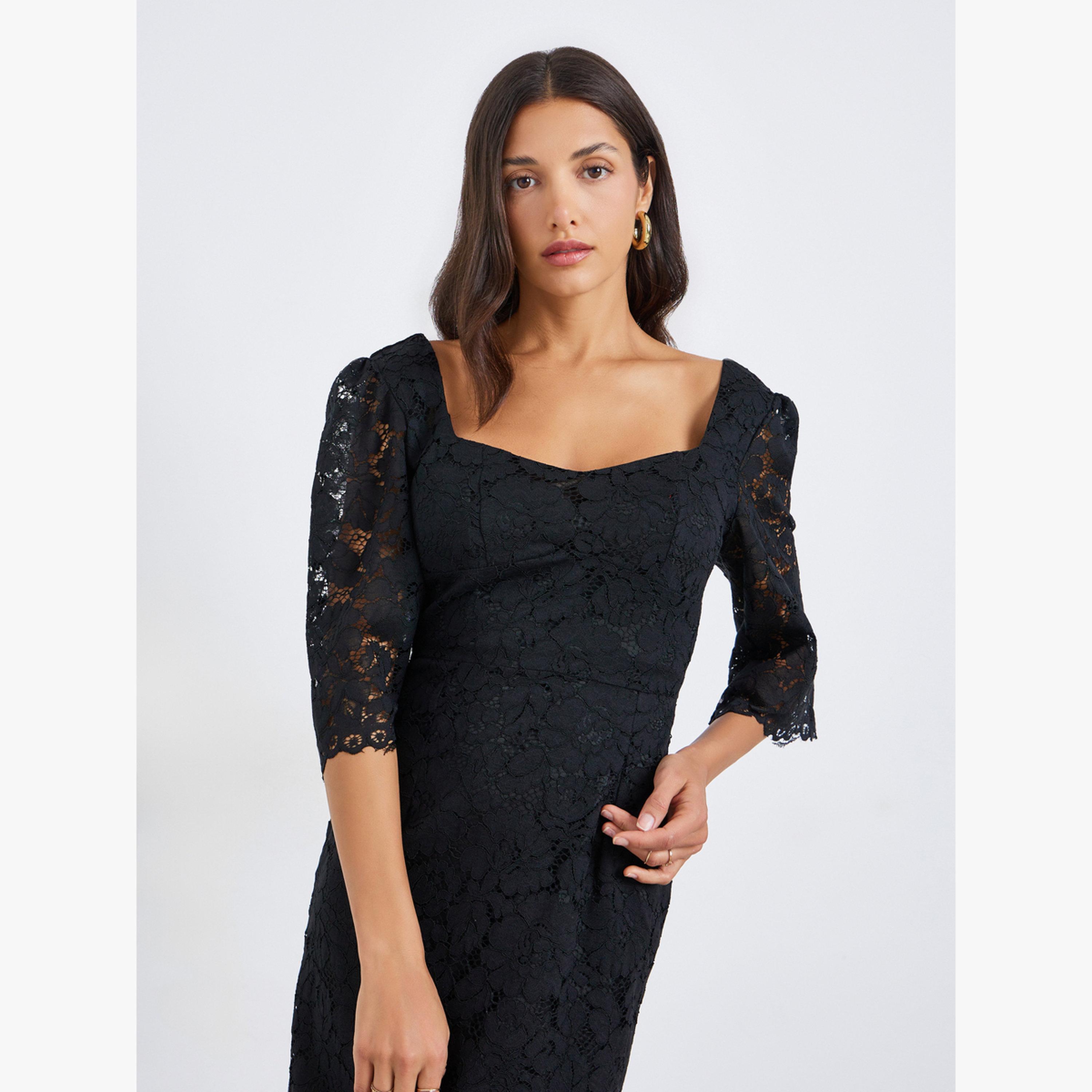 Styli Women Black Lace Overlay Sheath Midi Dress-women-clothing-dresses-image-2