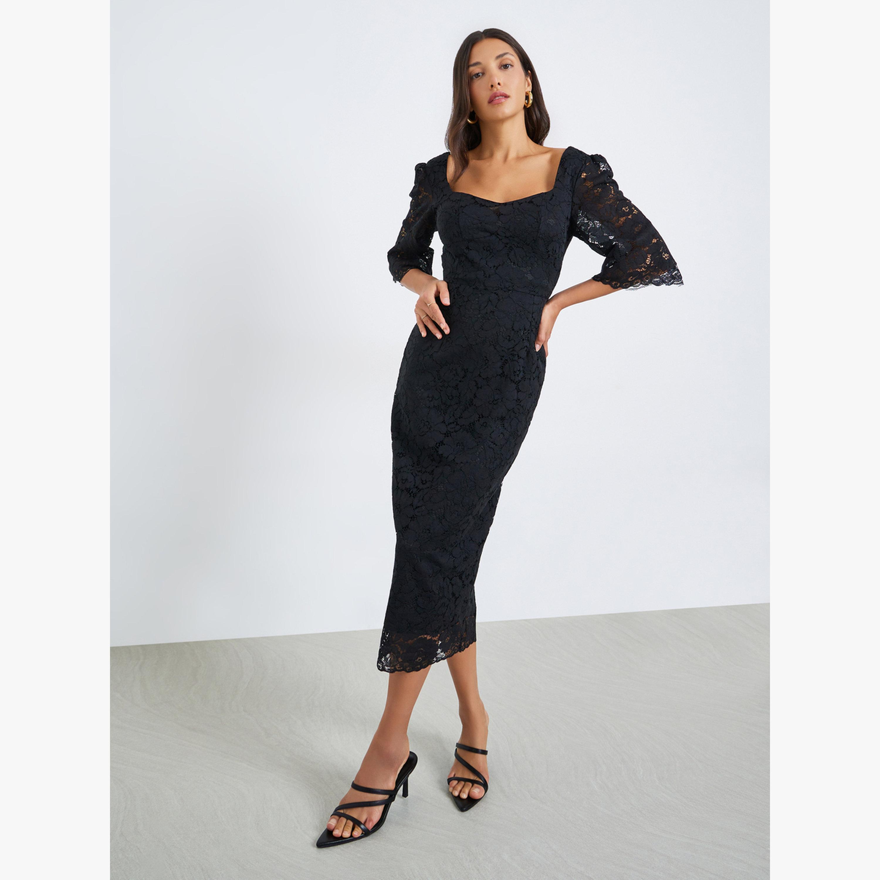 Styli Women Black Lace Overlay Sheath Midi Dress-women-clothing-dresses-image-3