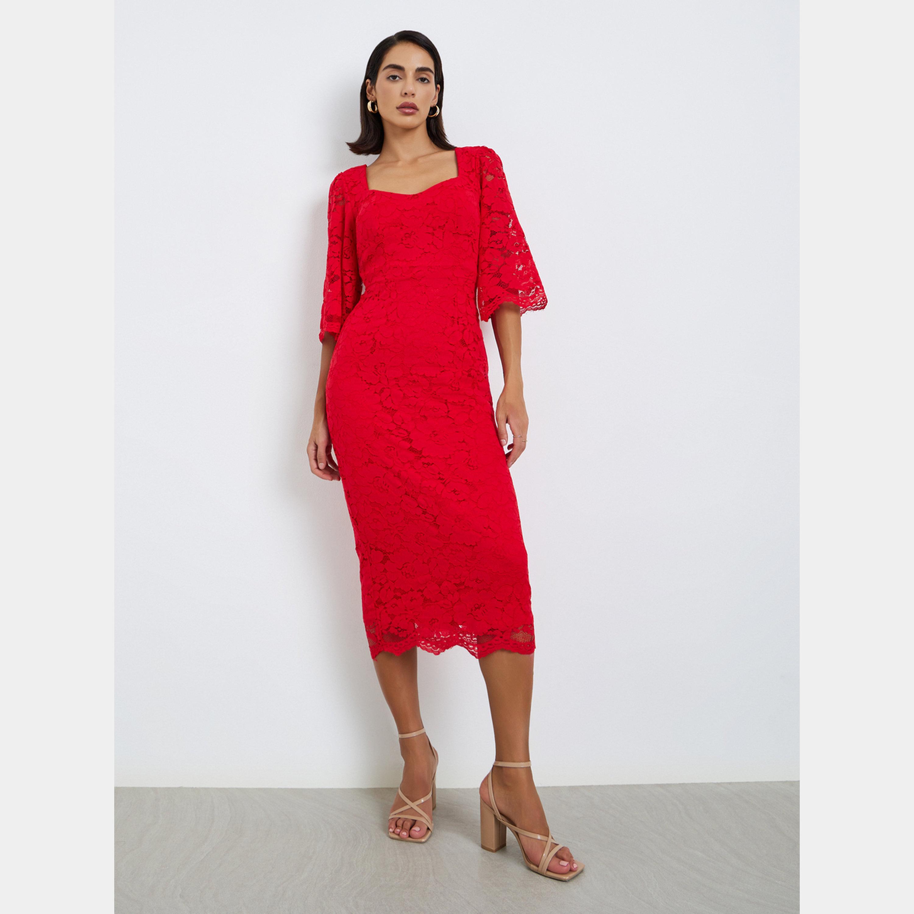 Styli Red Lace Overlay Square Neck Puff Sleeves Women's Sheath Midi Dress-women-clothing-dresses-image-1